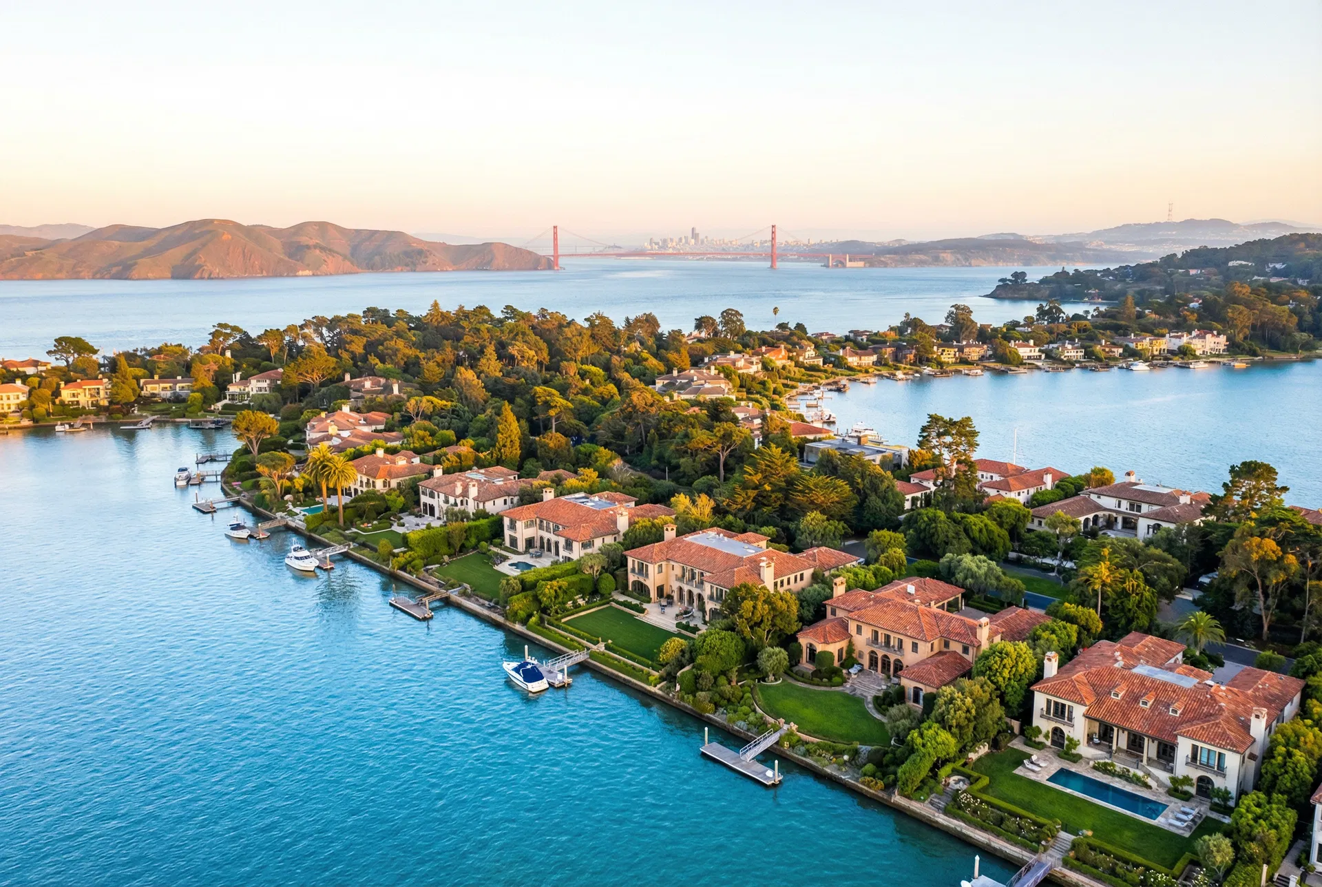 Aerial view of Belvedere Island Marin County with luxury waterfront estates, private docks, and Golden Gate Bridge in background — professional house cleaning Belvedere CA