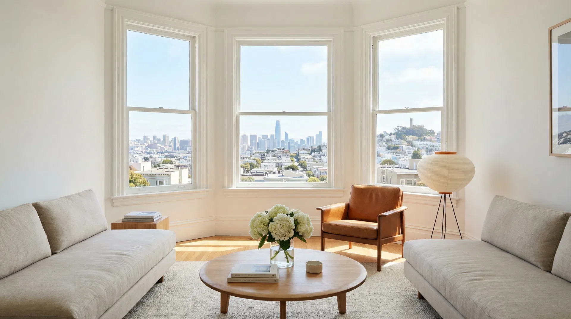 Clean sunlit Victorian living room in Bernal Heights San Francisco with bay windows, original hardwood floors, and panoramic views of SF skyline