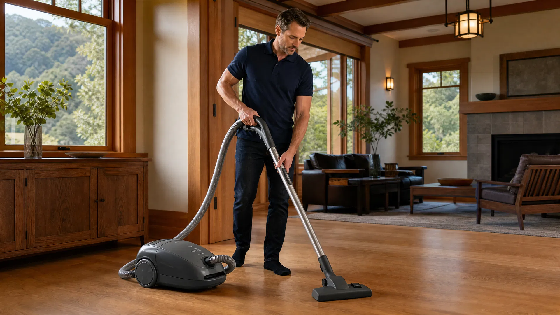Professional male cleaner vacuuming hardwood floors in a Marin County Craftsman home with Miele canister vacuum