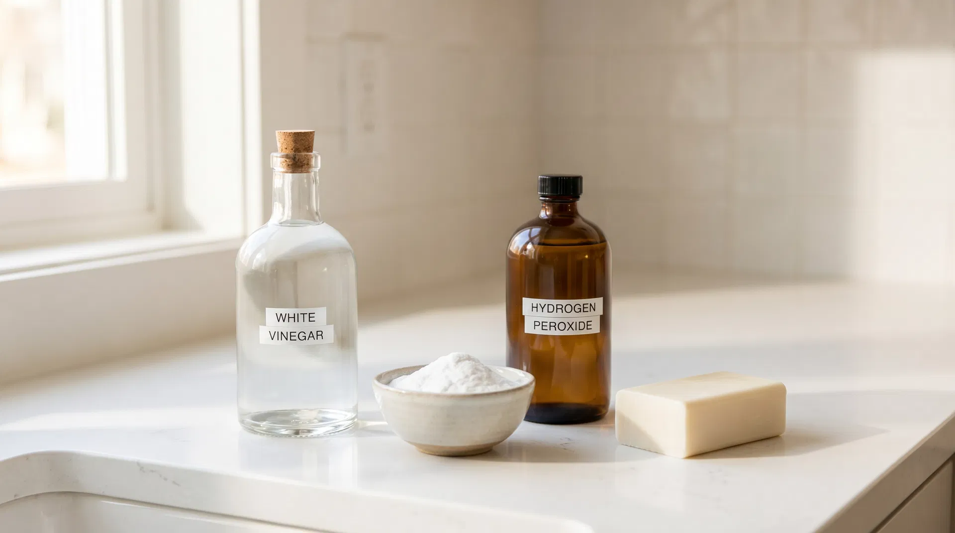 Hydrogen peroxide and plant-based disinfectant products on a white bathroom counter