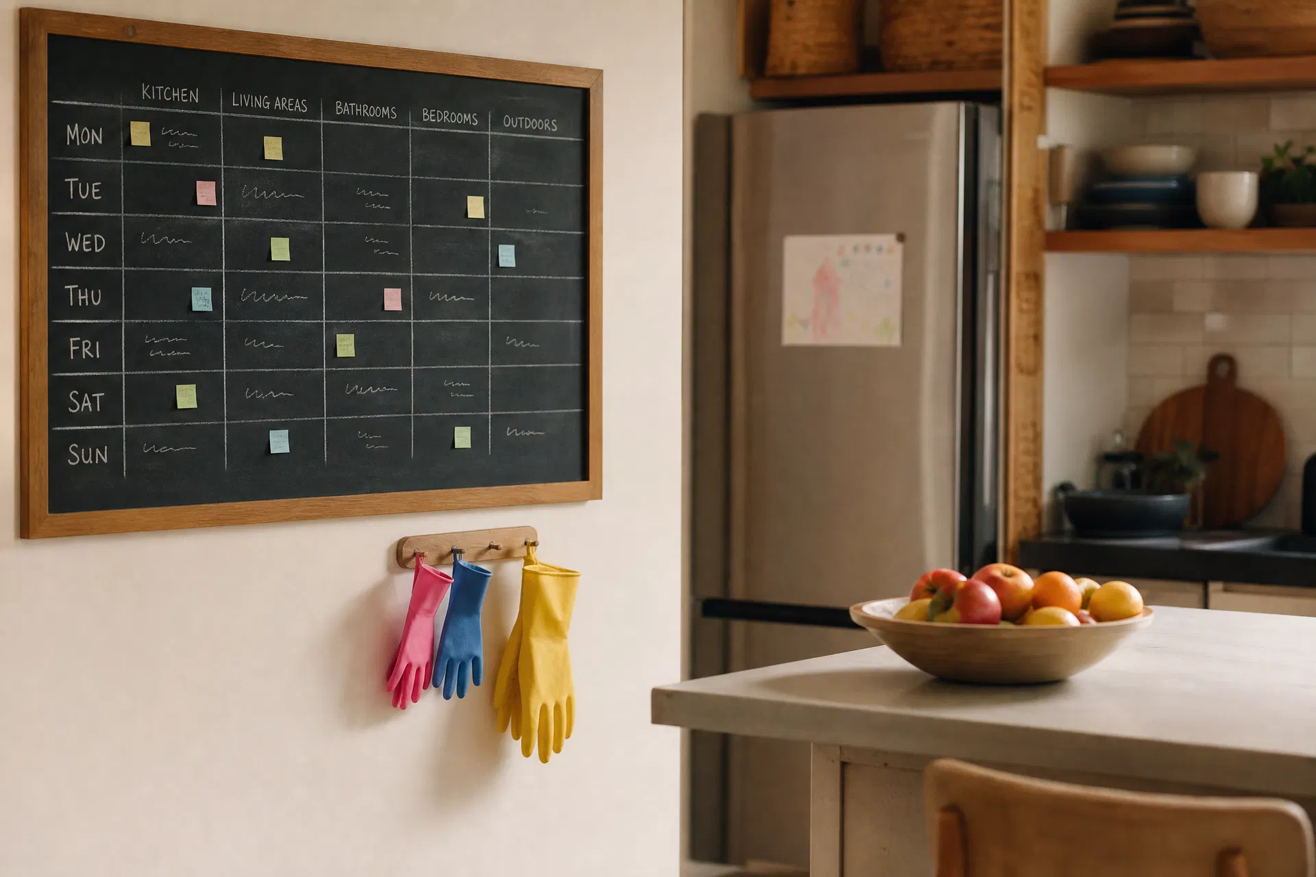Family kitchen with weekly cleaning schedule chalkboard and colorful rubber gloves on wall