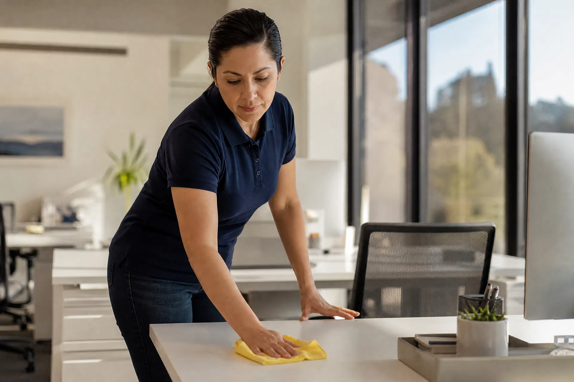 Professional cleaner wiping down an office workstation in San Rafael — Green Planet Cleaning Services