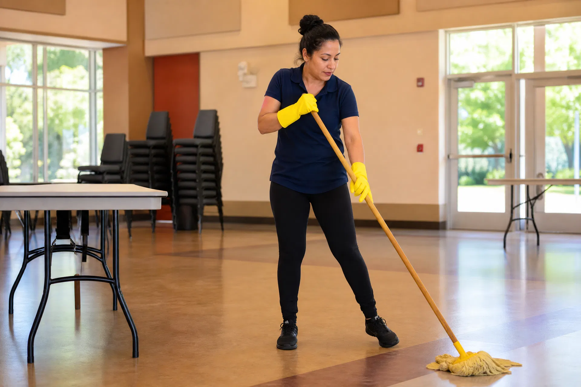 Professional cleaner in plain navy polo with yellow gloves mopping a community center hall in Napa California