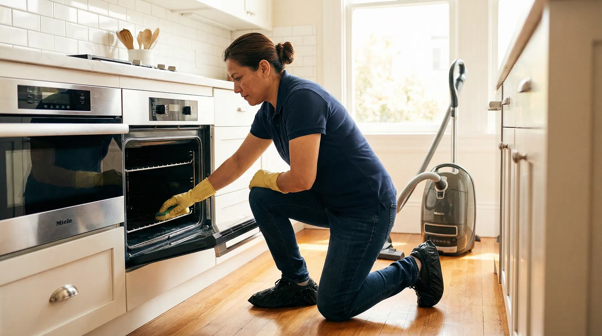 Green Planet Cleaning professional scrubbing oven interior in a San Francisco Victorian kitchen — navy polo, dark denim, black shoe covers, yellow gloves, Miele vacuum