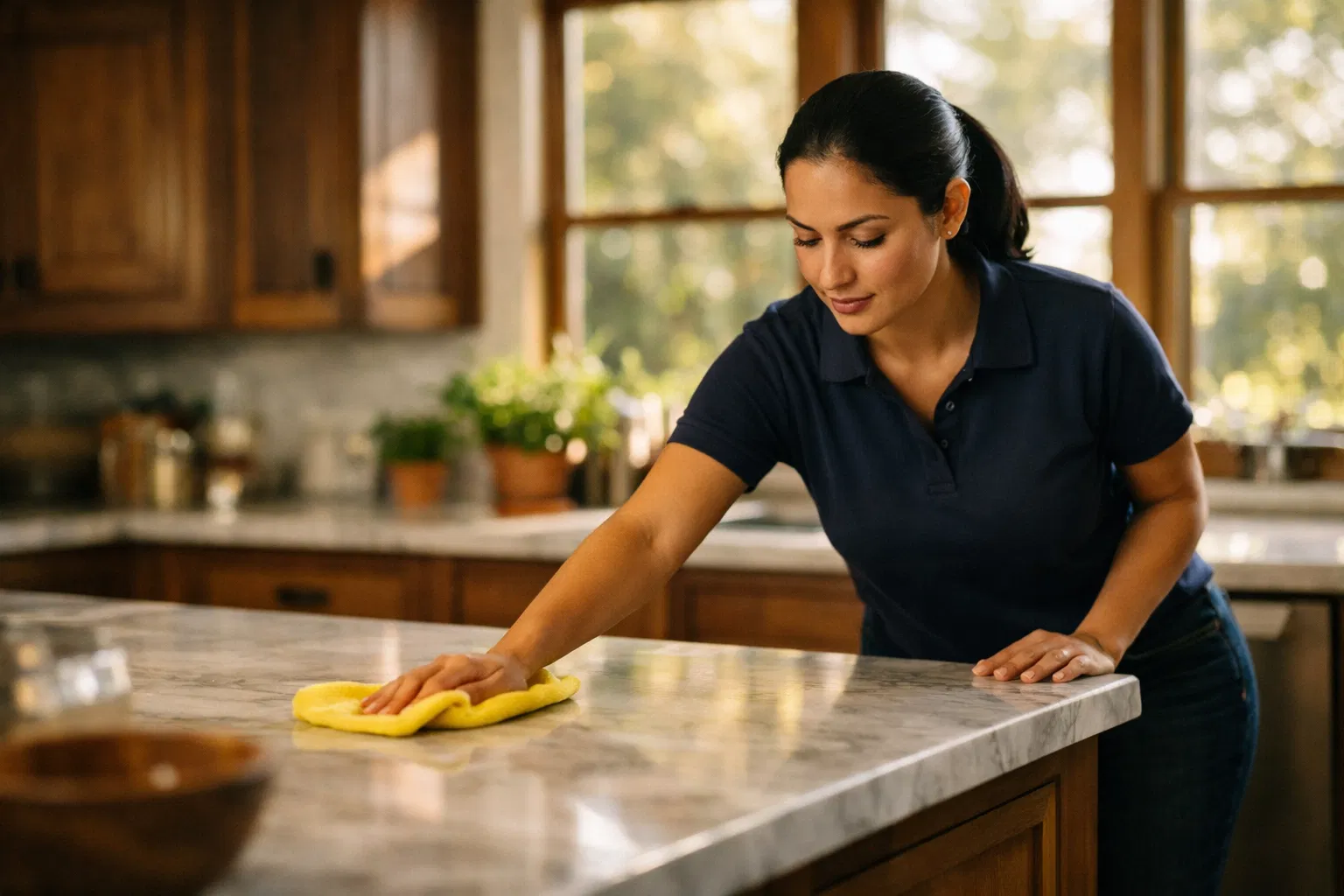 Professional cleaner in navy polo wiping down a marble kitchen countertop in a Healdsburg Sonoma County home with warm morning light through craftsman windows