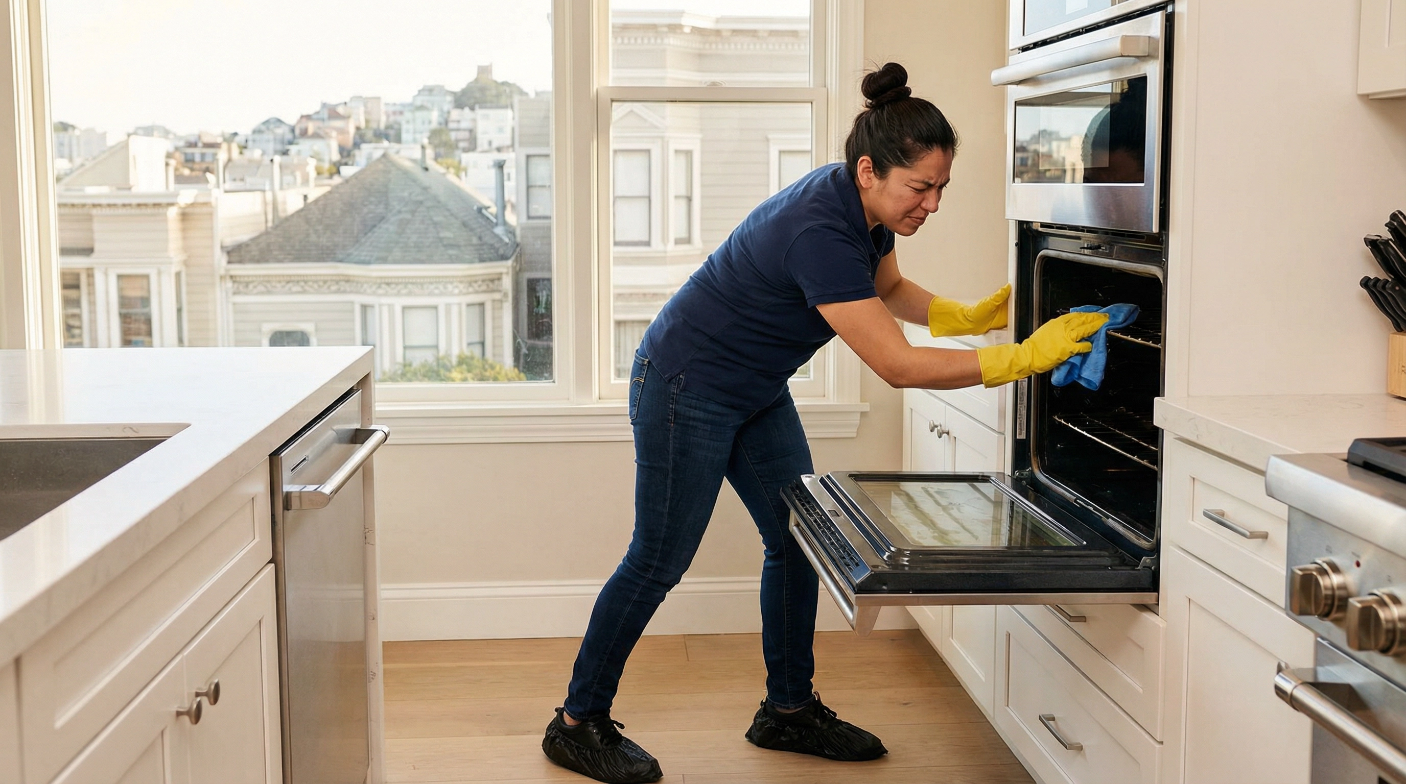 Female Green Planet Cleaning professional deep cleaning a modern San Francisco kitchen oven — navy polo, yellow gloves