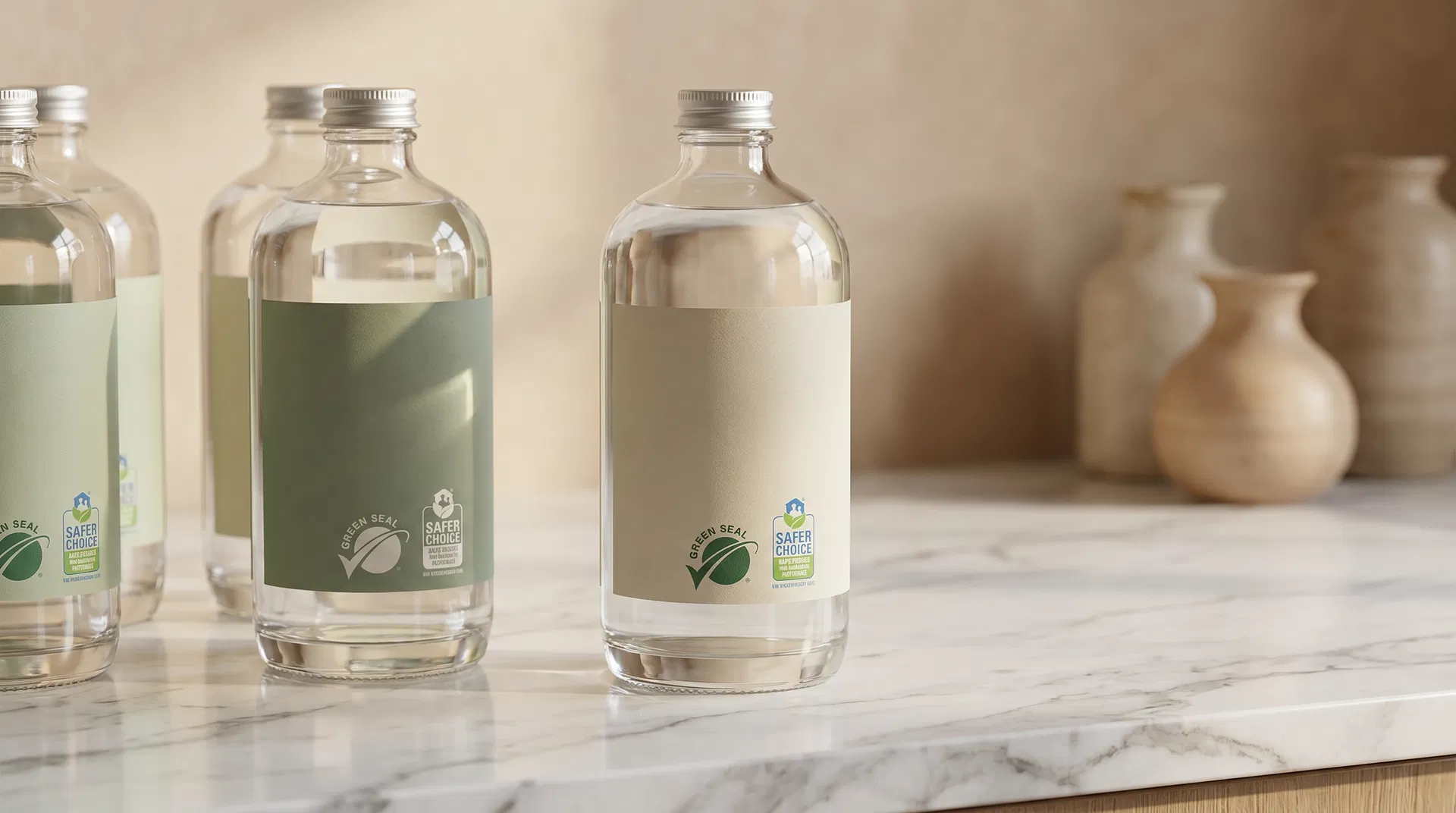 EPA Safer Choice and EWG Verified certified cleaning products on a Bay Area kitchen counter