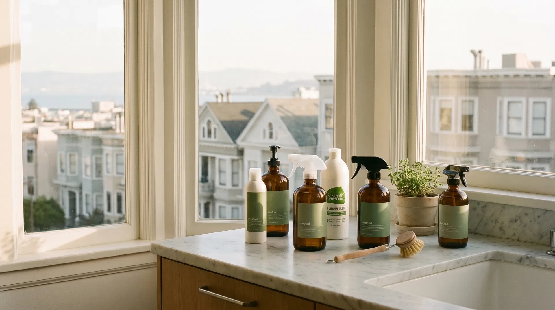 Eco-friendly cleaning products on a San Francisco kitchen counter with the Bay Bridge visible through the window