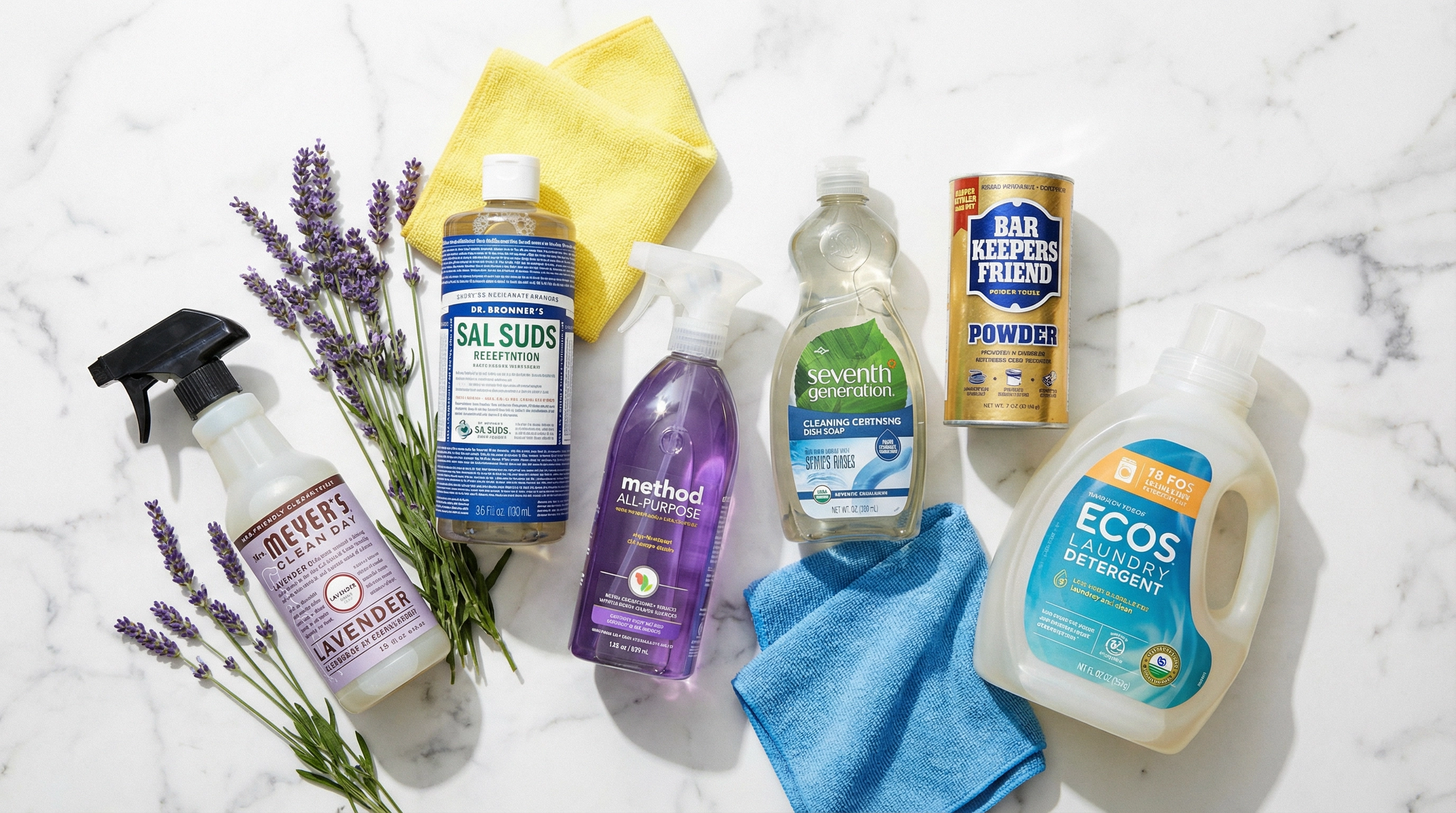 Eco-friendly cleaning products flat-lay on white marble — Mrs. Meyer's, Dr. Bronner's, Method, Seventh Generation, Bar Keepers Friend