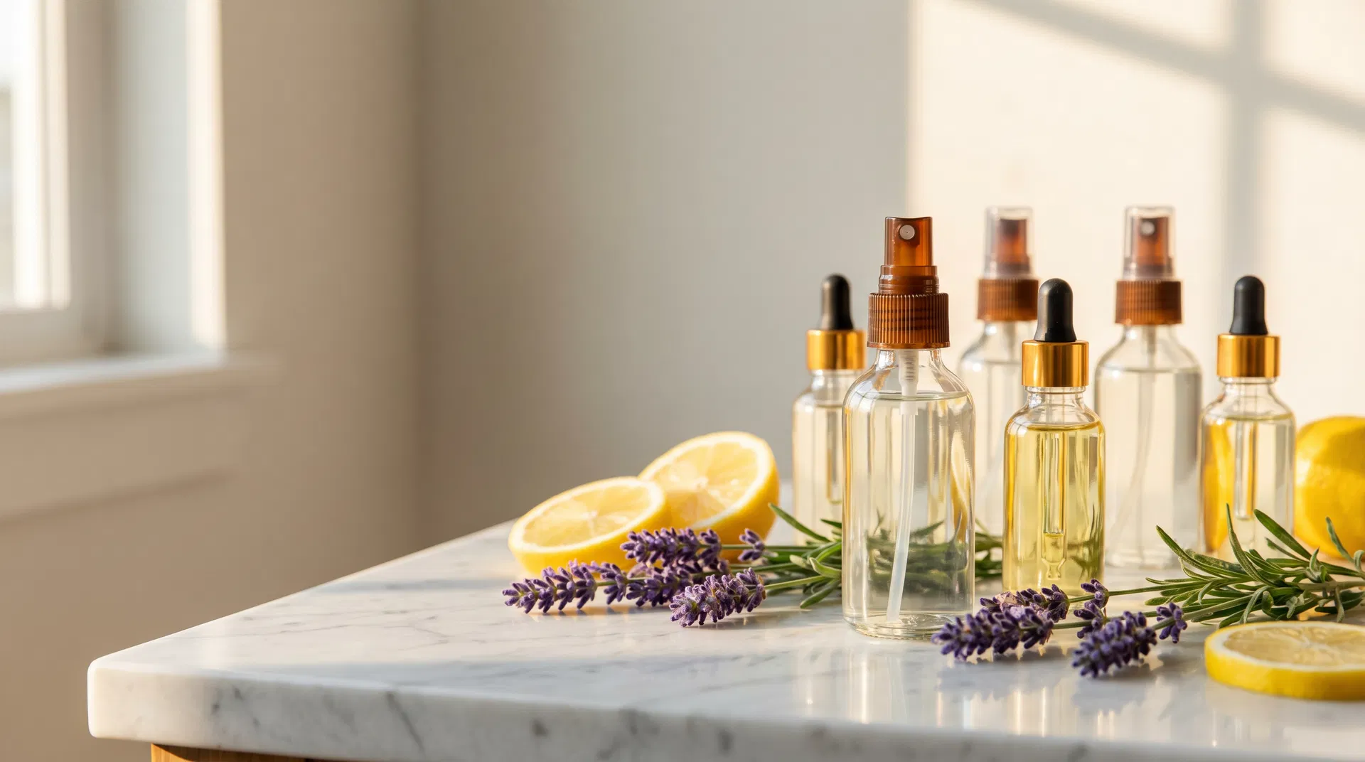 Tea tree, lavender, and lemon essential oil bottles alongside cleaning supplies on a white marble counter