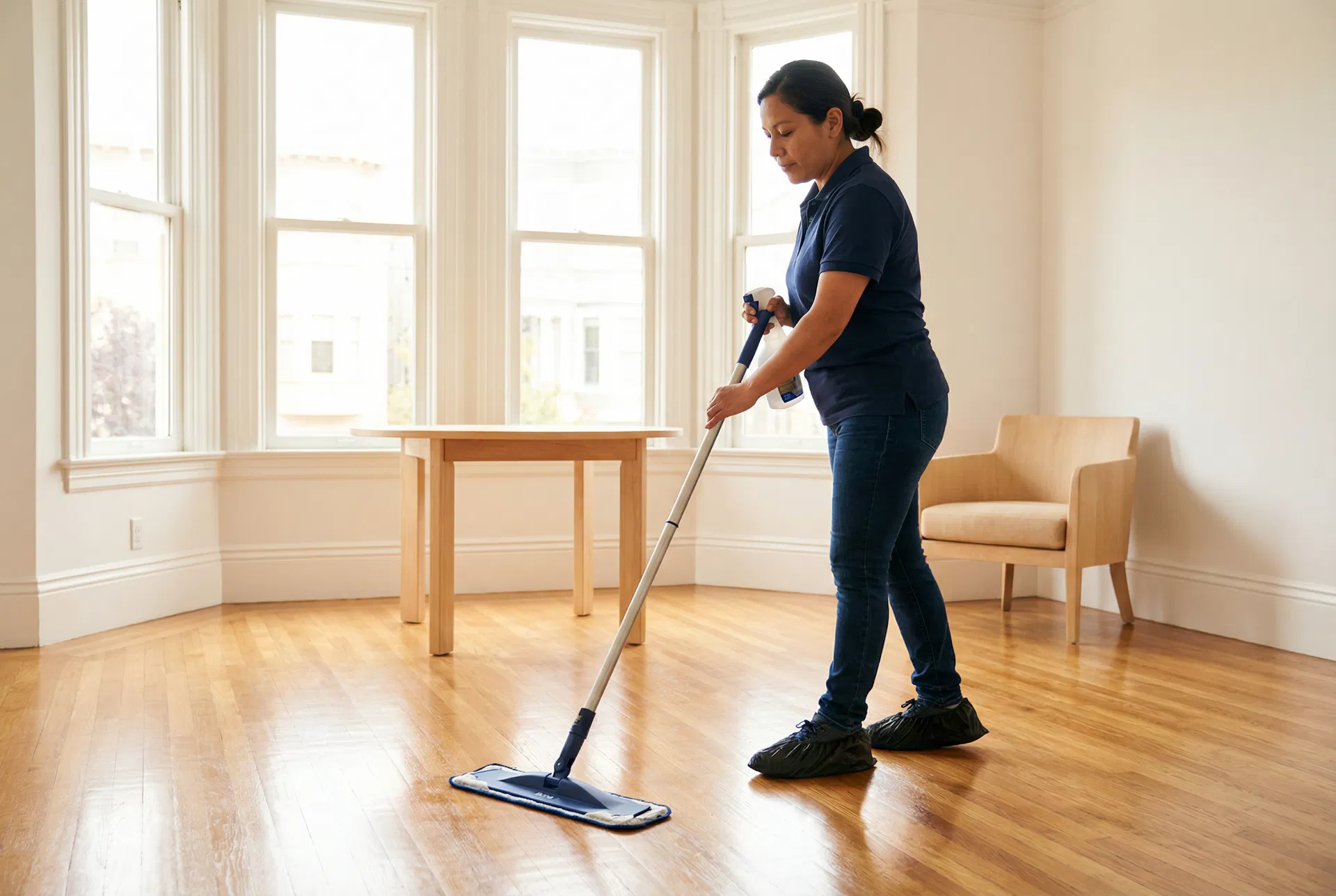 Green Planet Cleaning professional mopping hardwood floors in a San Francisco Victorian home — navy polo, dark denim, black shoe covers