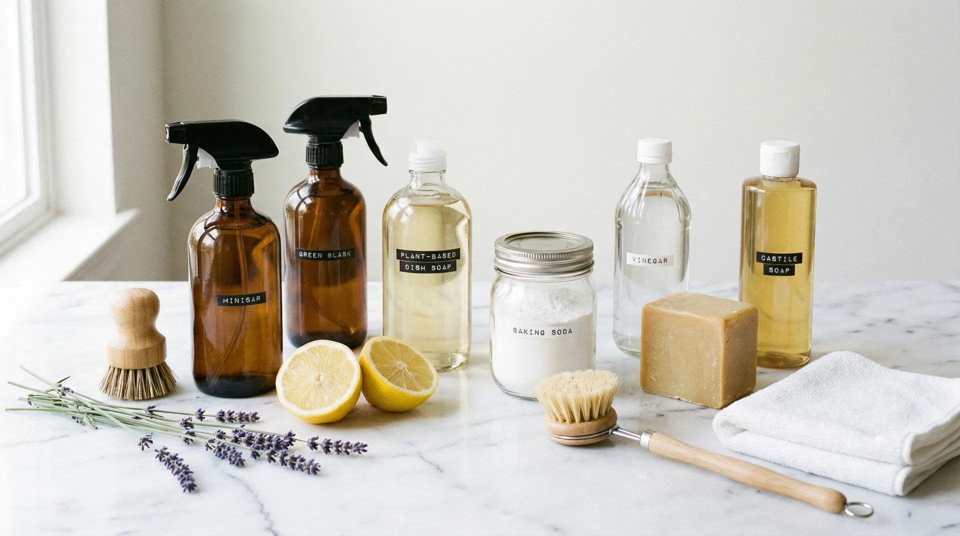 Eco-friendly green cleaning products flat lay on marble surface: amber glass bottles, castile soap, baking soda, vinegar, lavender, bamboo brushes