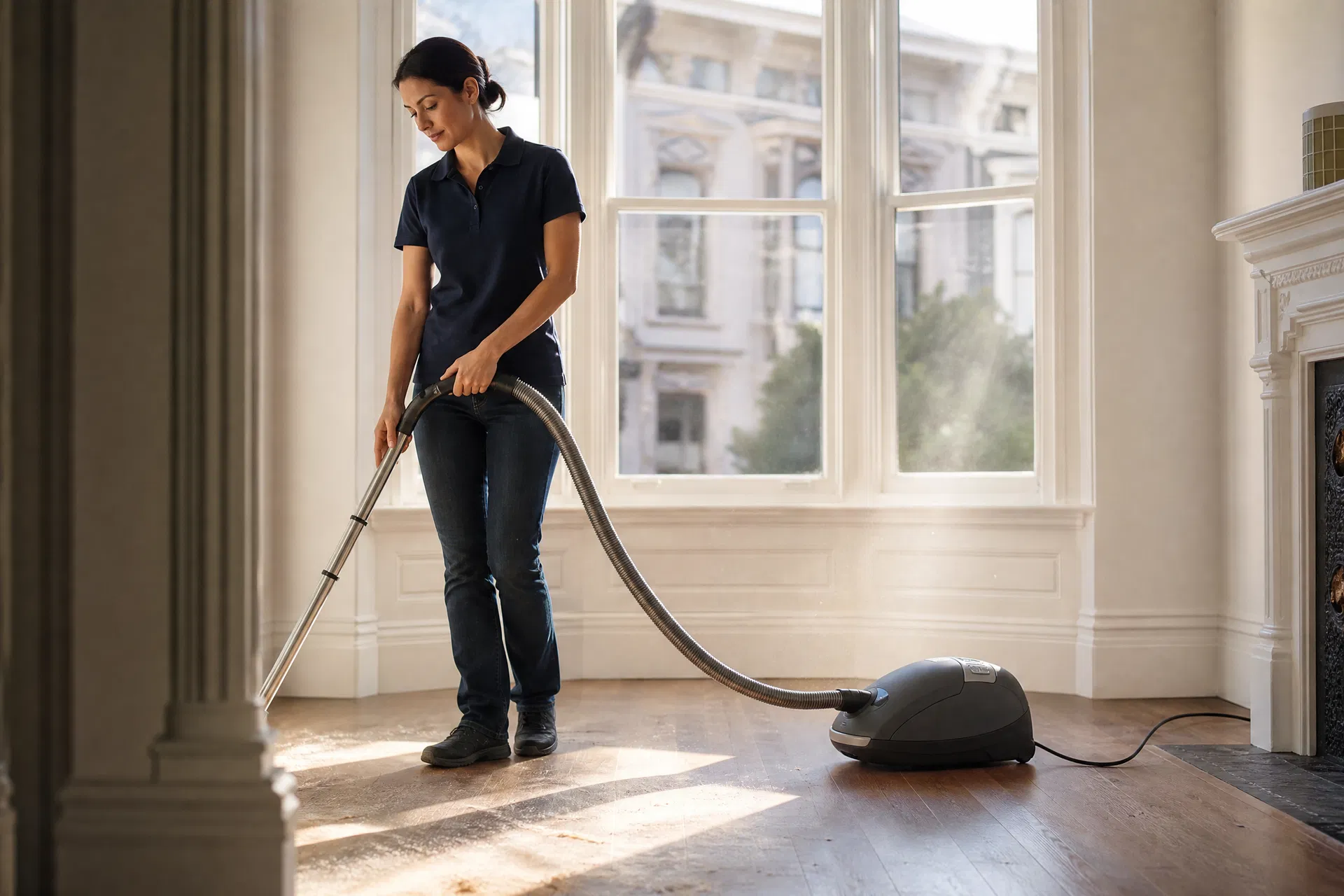 Professional cleaner operating a Miele HEPA canister vacuum on a hardwood floor in a renovated San Francisco Victorian home with construction dust visible in morning light