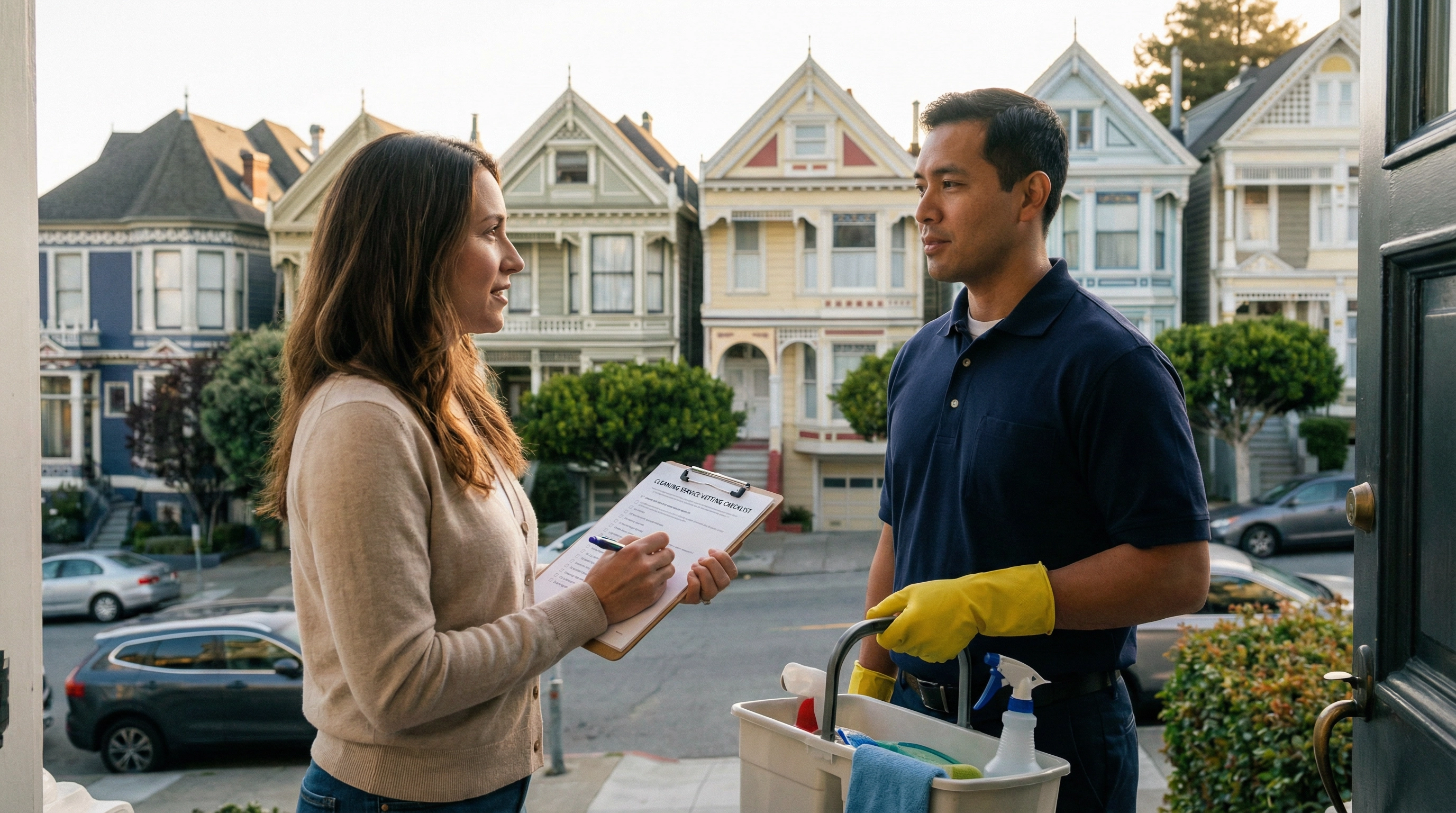 Bay Area homeowner reviewing a vetting checklist at the front door of a San Francisco Victorian home while a professional Green Planet cleaner in navy polo and yellow gloves waits with a cleaning caddy — Painted Ladies visible in background