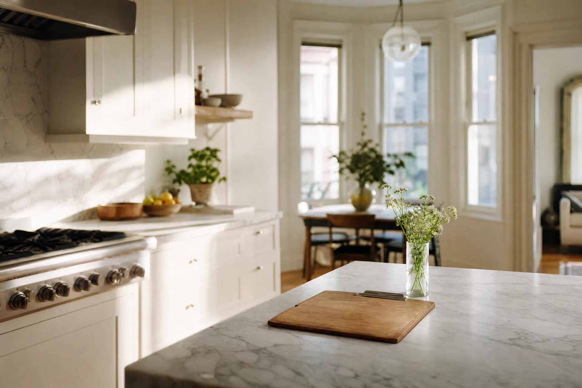 Spotless San Francisco Victorian kitchen with marble countertops and bay windows