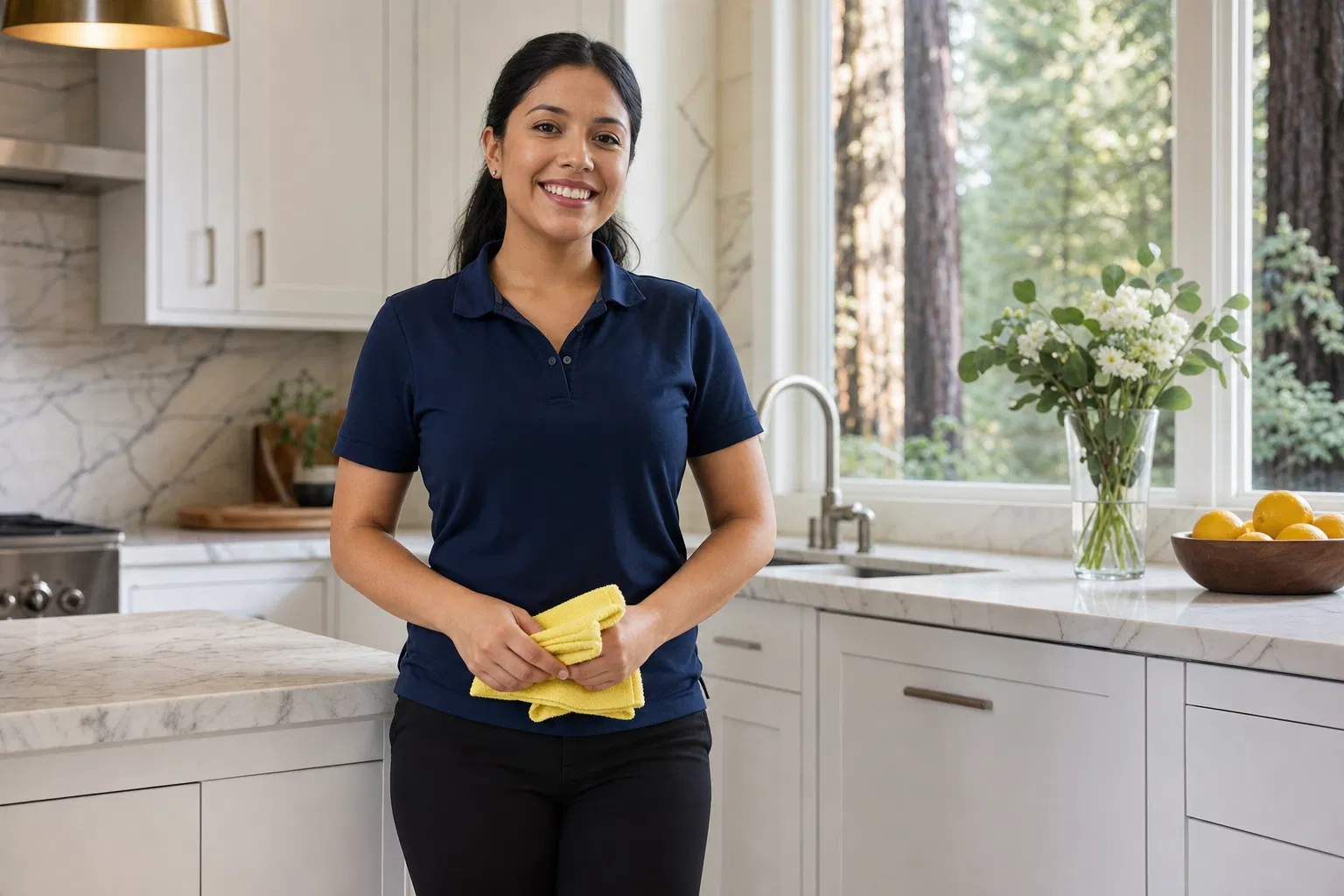 Green Planet Cleaning professional in navy polo holding yellow microfiber cloth in a bright San Rafael kitchen