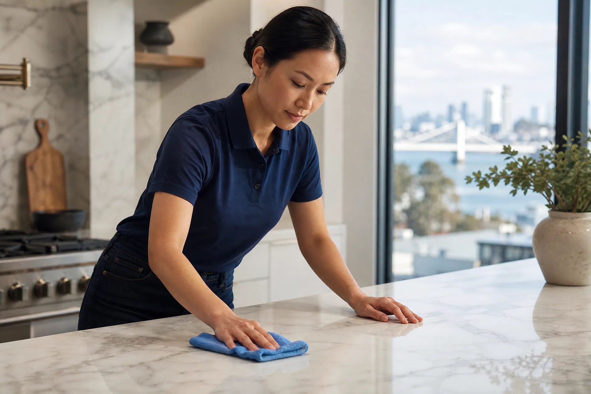 Professional cleaner wiping a marble kitchen countertop in a San Francisco home
