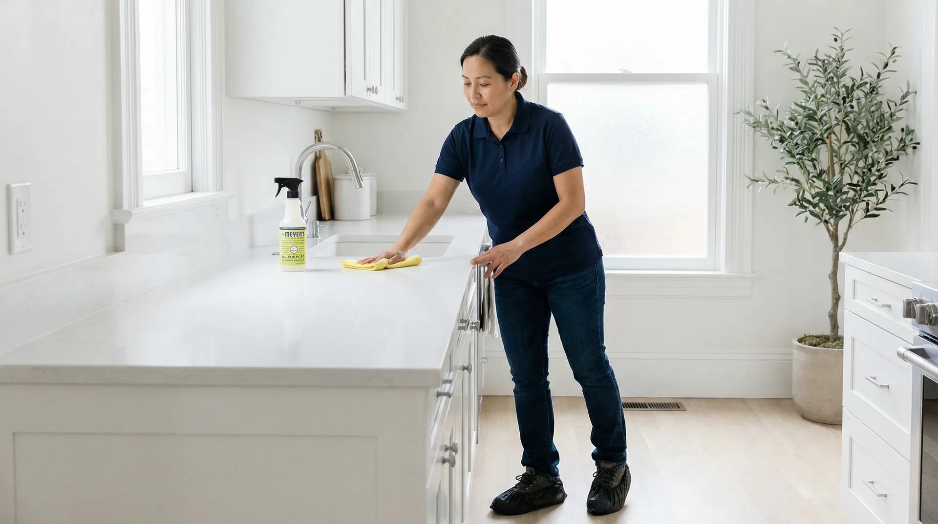 Green Planet Cleaning professional wiping quartz countertops in a San Francisco Victorian kitchen — navy polo, dark denim, black shoe covers