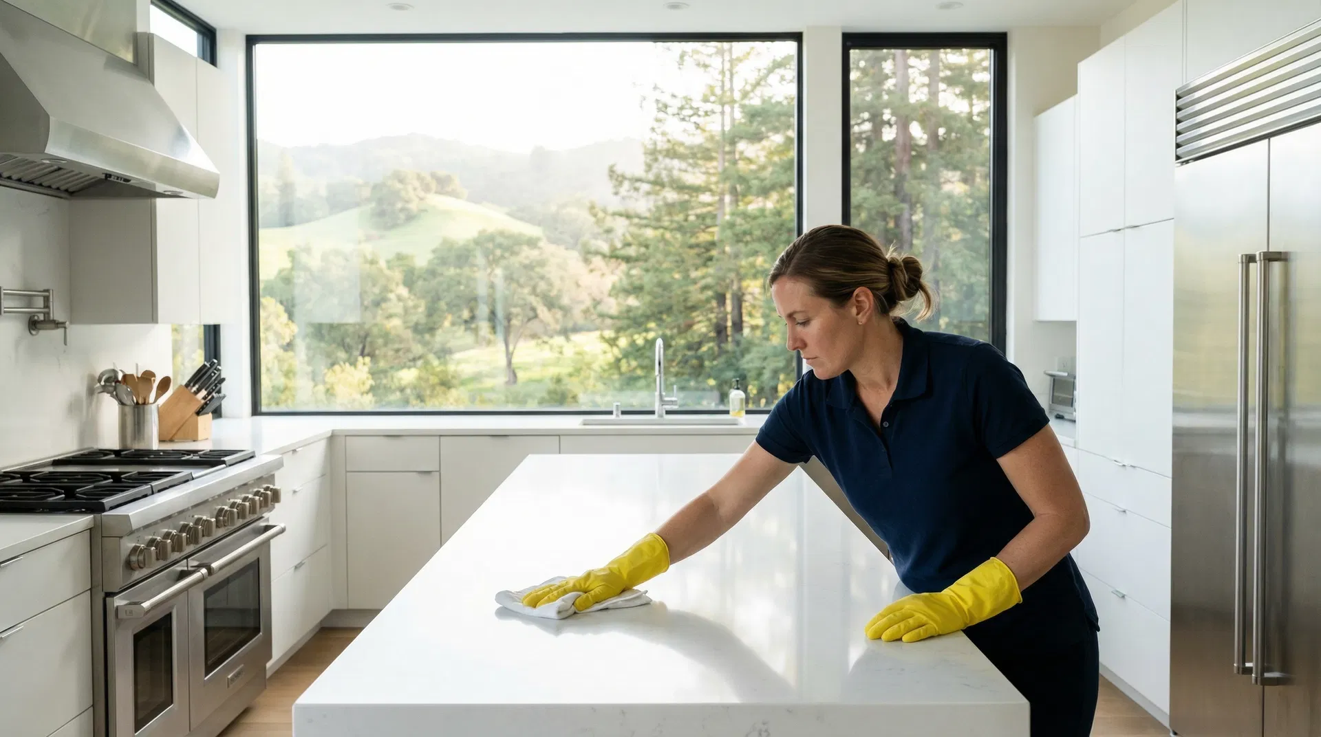 Female Green Planet Cleaning professional in navy polo and yellow gloves wiping white quartz countertop in a luxurious Marin County kitchen — rolling green Marin hills and redwood trees visible through floor-to-ceiling windows