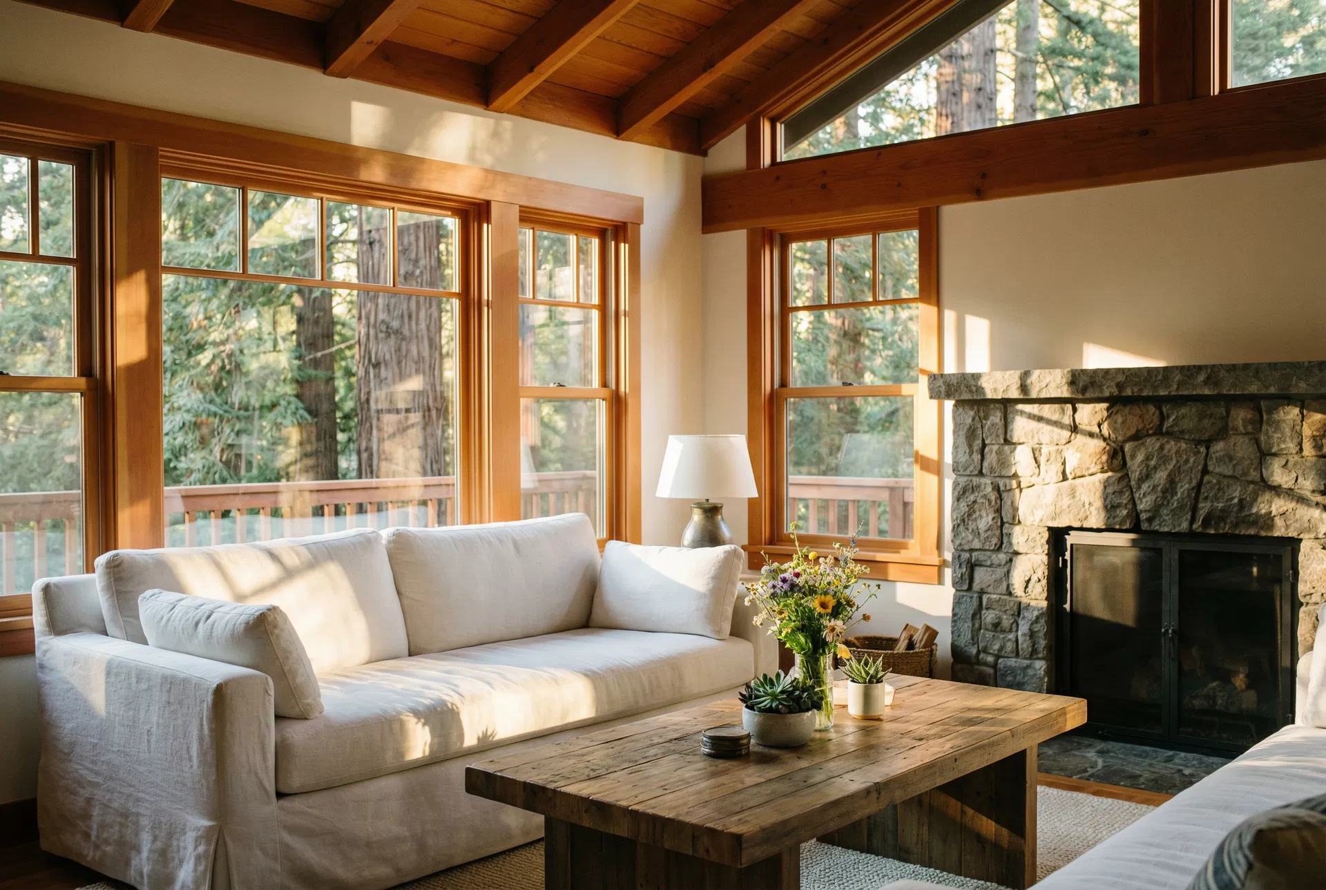 Craftsman bungalow living room in Mill Valley California with redwood trees visible through large windows — house cleaning Mill Valley