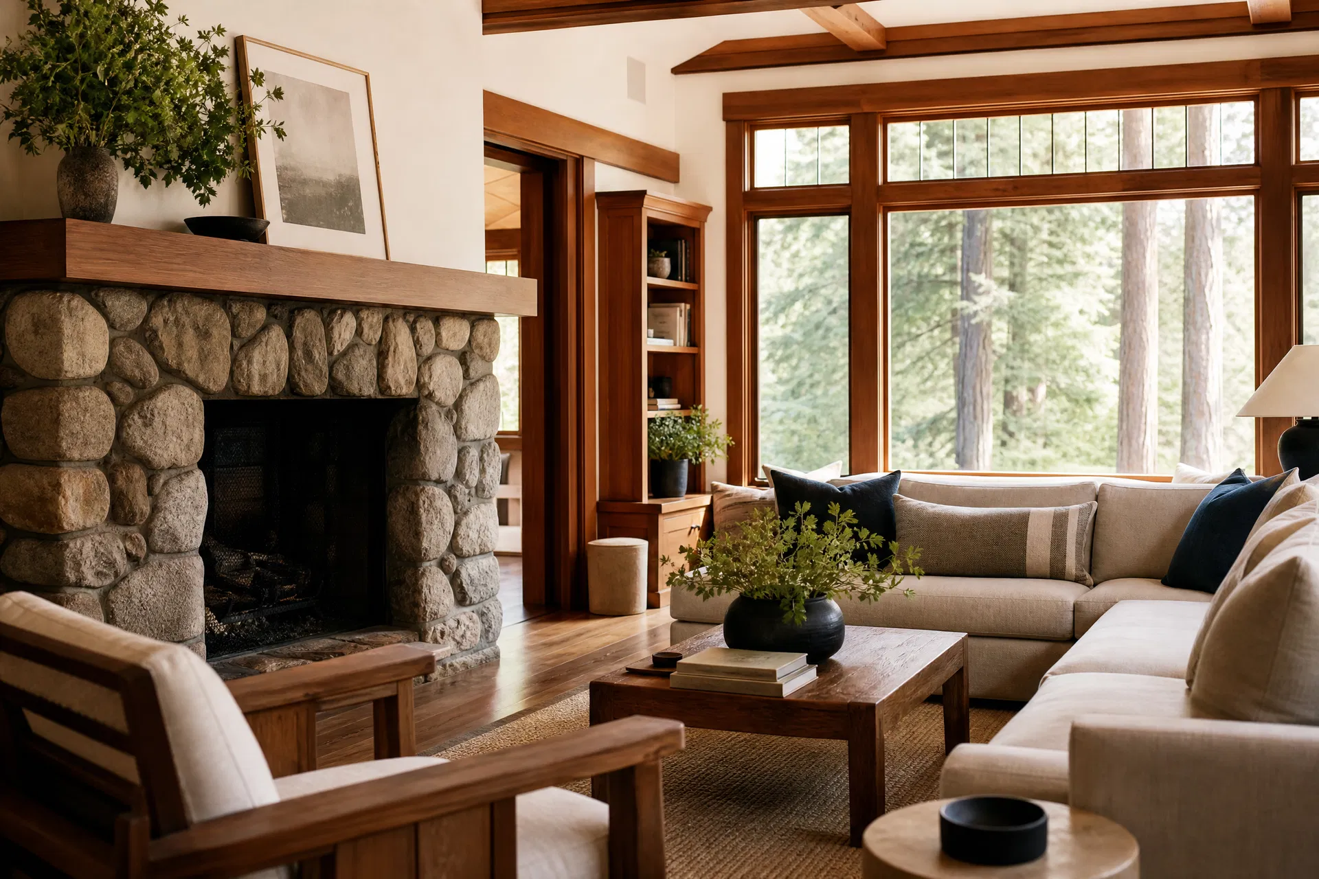 Pristine Marin County Craftsman living room with stone fireplace, warm wood tones, and large windows showing redwood trees