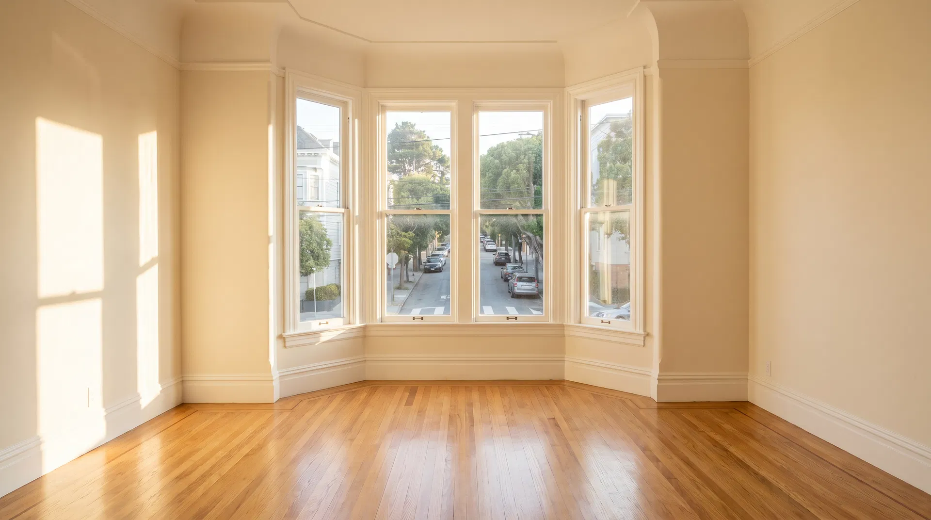 Empty San Francisco apartment with hardwood floors and bay windows, ready for move-in cleaning