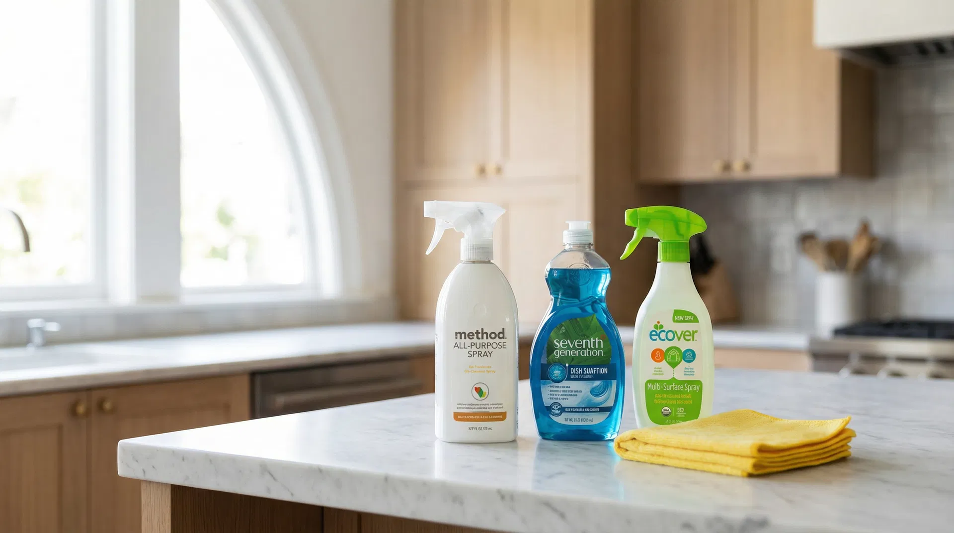 Method All-Purpose Spray, Seventh Generation dish soap, and Ecover Multi-Surface Spray on white marble kitchen countertop in renovated Noe Valley Victorian home
