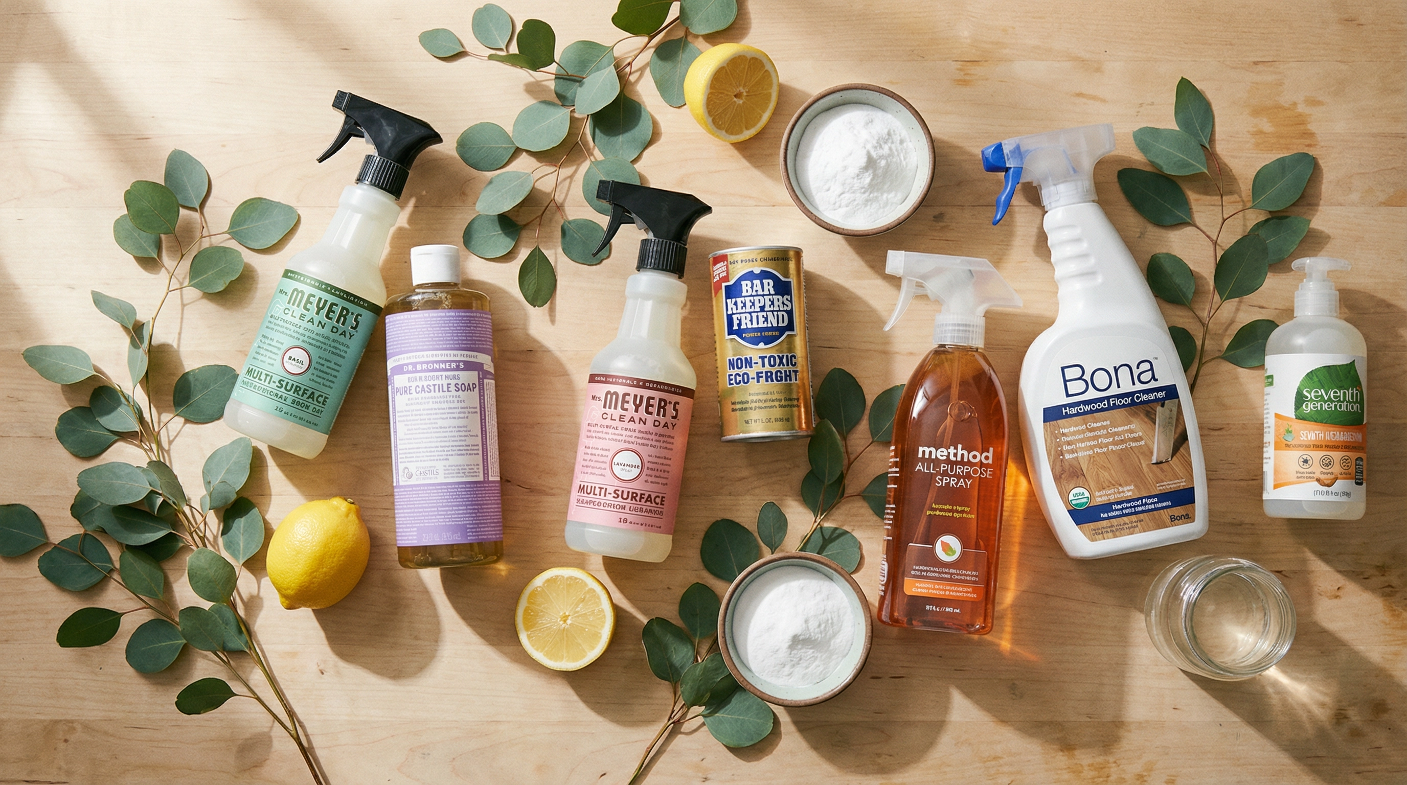 Non-toxic eco-friendly cleaning products flat-lay on light wood — Mrs. Meyer's, Dr. Bronner's, Bar Keepers Friend, Bona, Method, Seventh Generation with eucalyptus