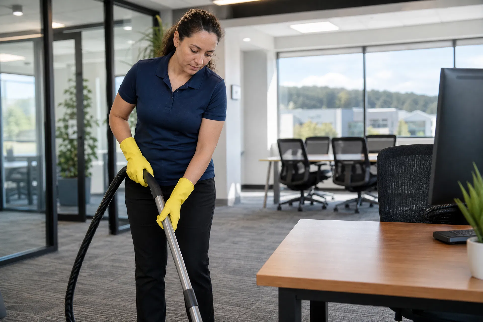 Professional cleaner in plain navy polo with yellow gloves vacuuming a modern Petaluma office
