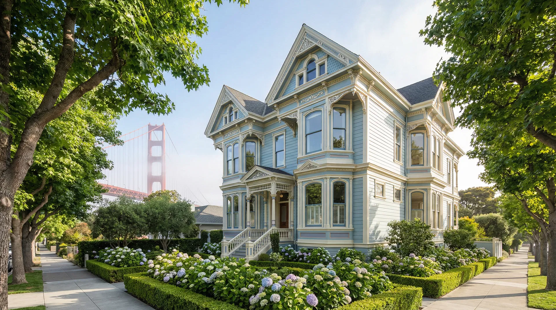 Grand Victorian painted lady home on a tree-lined street in Pacific Heights San Francisco with the Golden Gate Bridge visible in the background