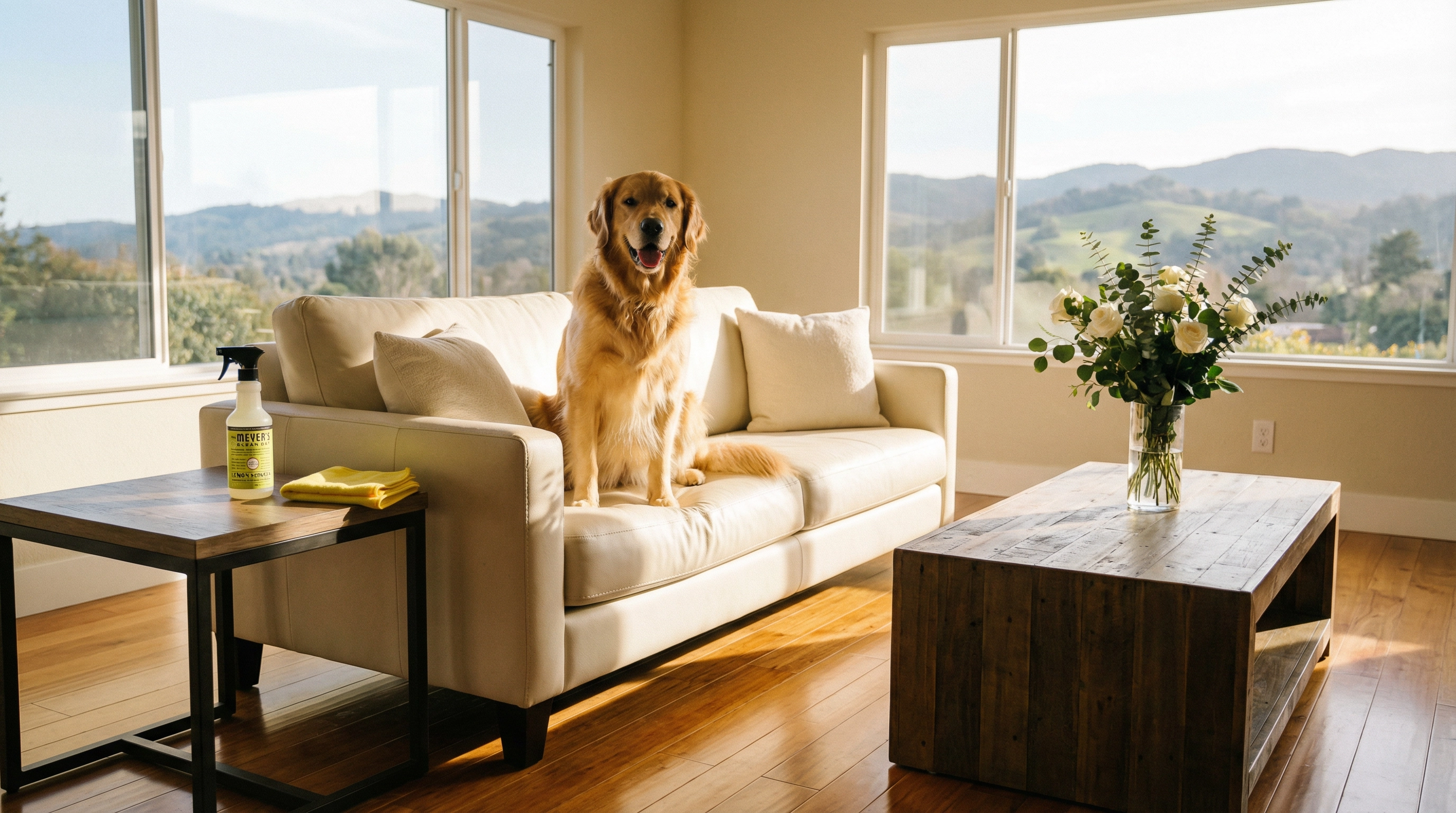 Golden retriever sitting on a spotless cream sofa in a clean Marin County living room — Mrs. Meyer's spray visible on side table