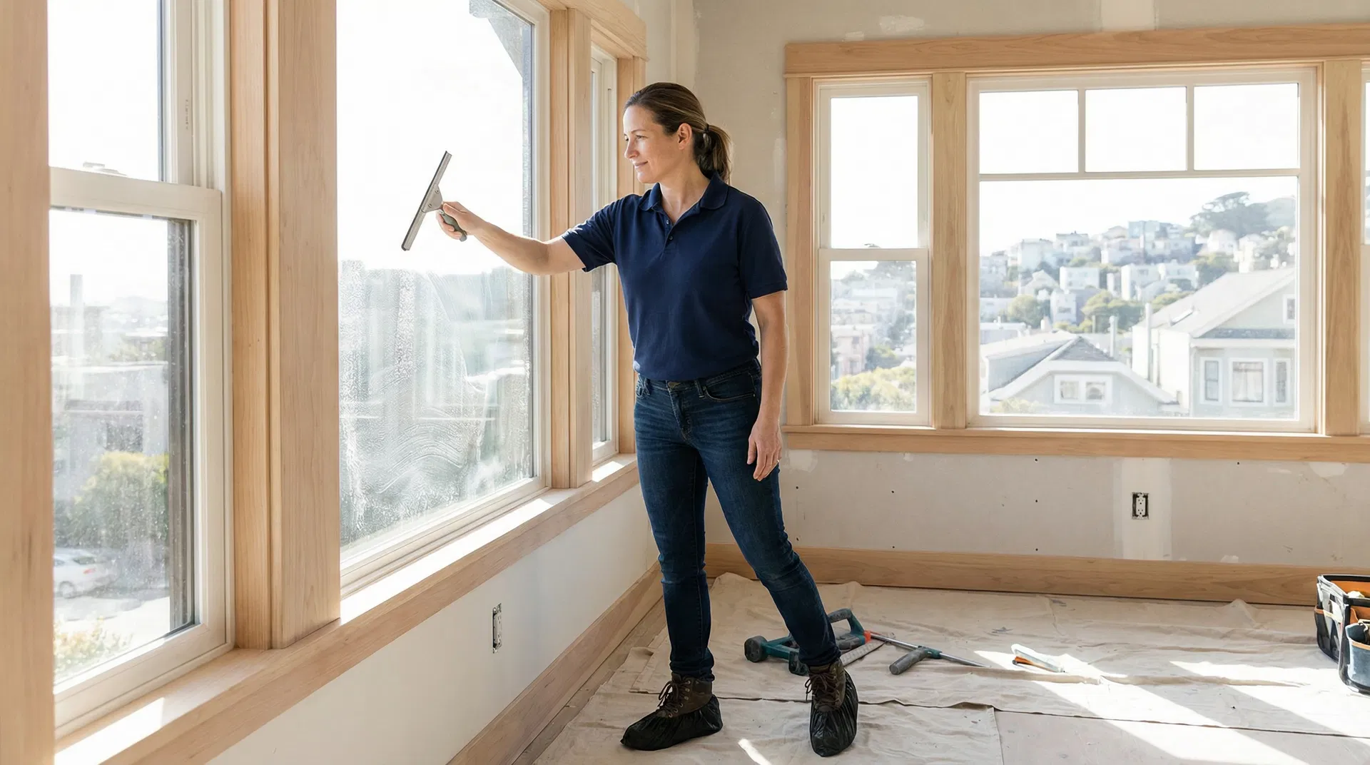 Green Planet Cleaning professional performing post-construction window cleaning in a newly renovated San Francisco home