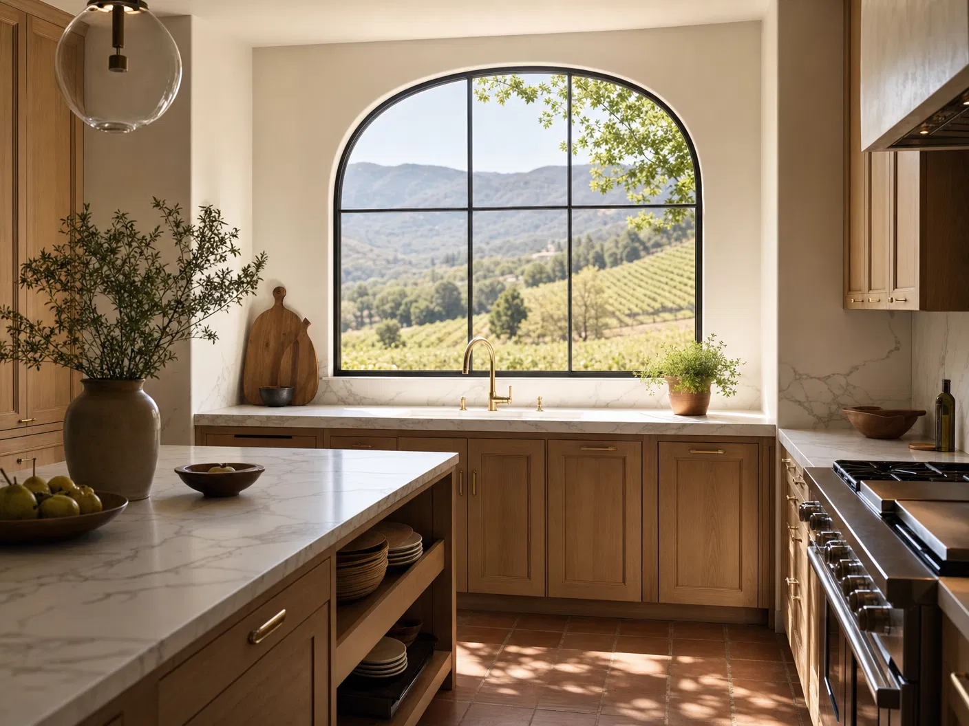 Freshly remodeled Napa Valley wine country kitchen with marble countertops and vineyard view after post-construction cleaning — Green Planet Cleaning Services