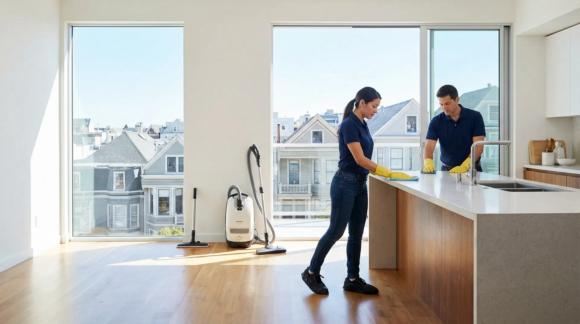 Green Planet Cleaning professional performing post-construction window cleaning in a newly renovated San Francisco home