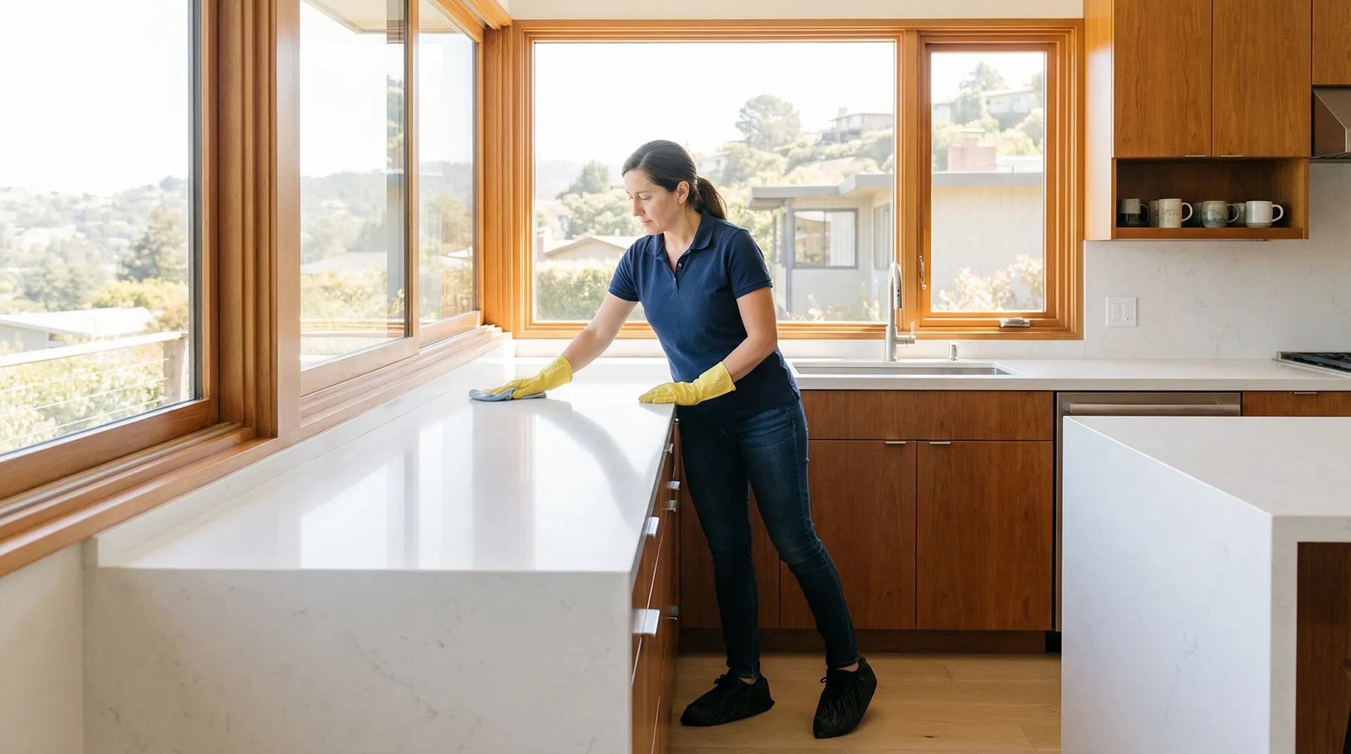 Green Planet Cleaning employee in navy polo shirt cleaning kitchen countertop in San Rafael ranch home with Marin hills visible through window