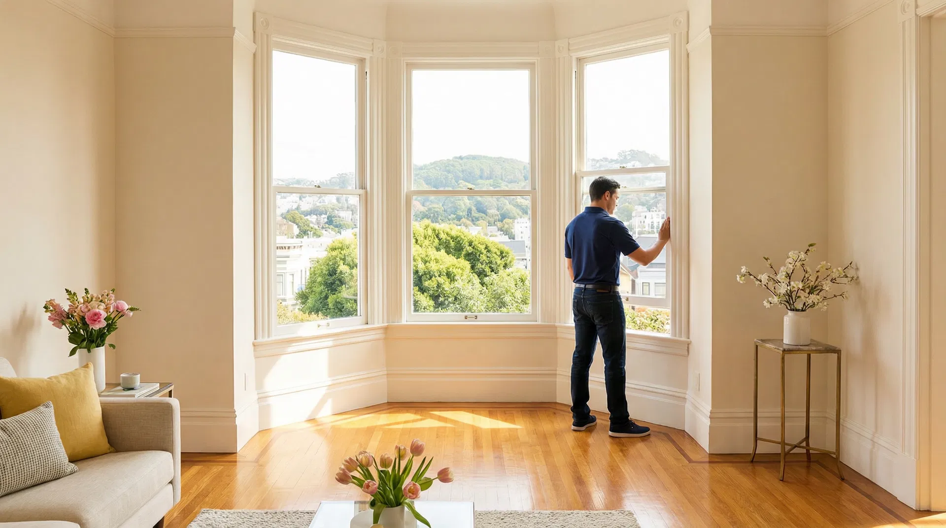 Professional cleaner opening bay windows in a San Francisco Victorian home in spring, with green hills visible outside