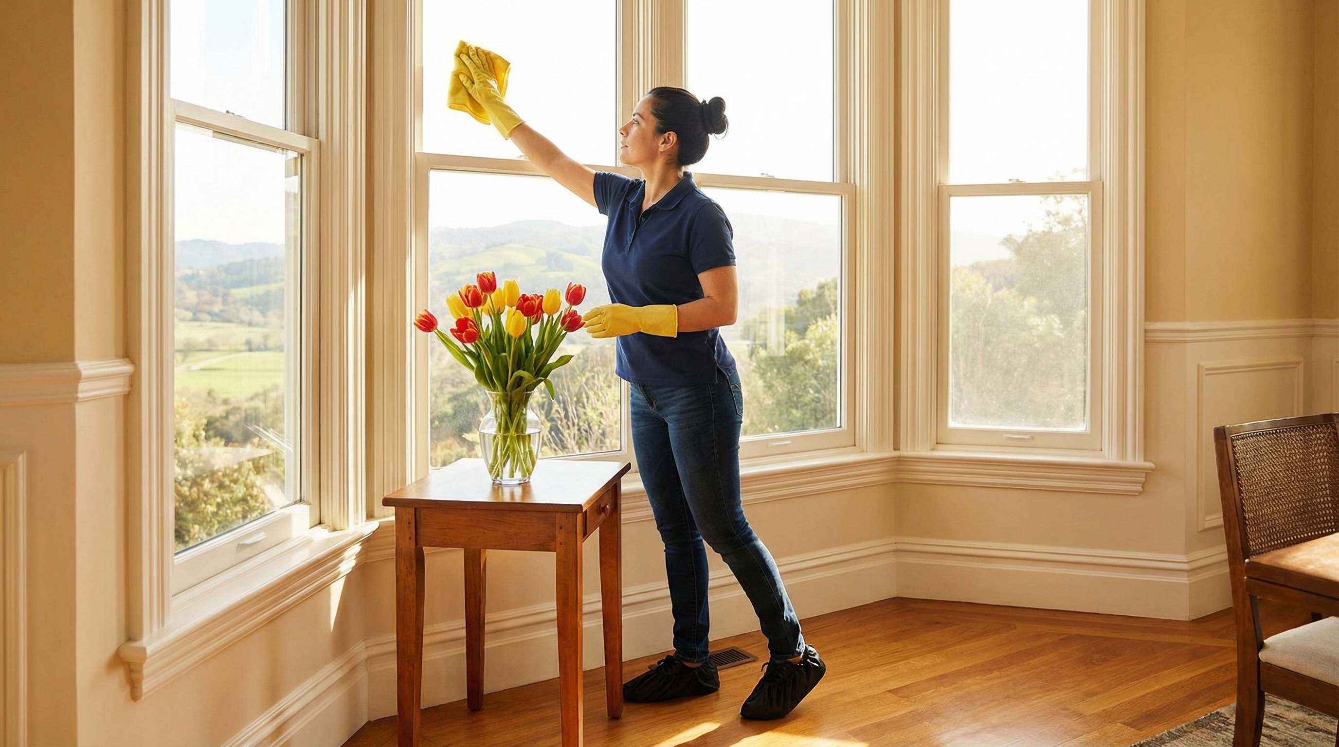 Female professional cleaner wiping bay windows in a Marin County home in spring — tulips on side table, Marin hills visible