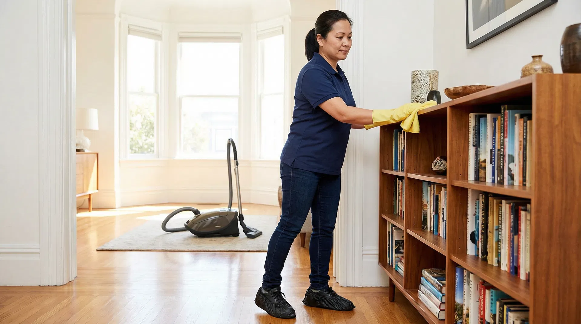 Green Planet Cleaning professional dusting a bookshelf in a San Francisco Victorian home — navy polo, dark denim, black shoe covers, yellow gloves, Miele vacuum