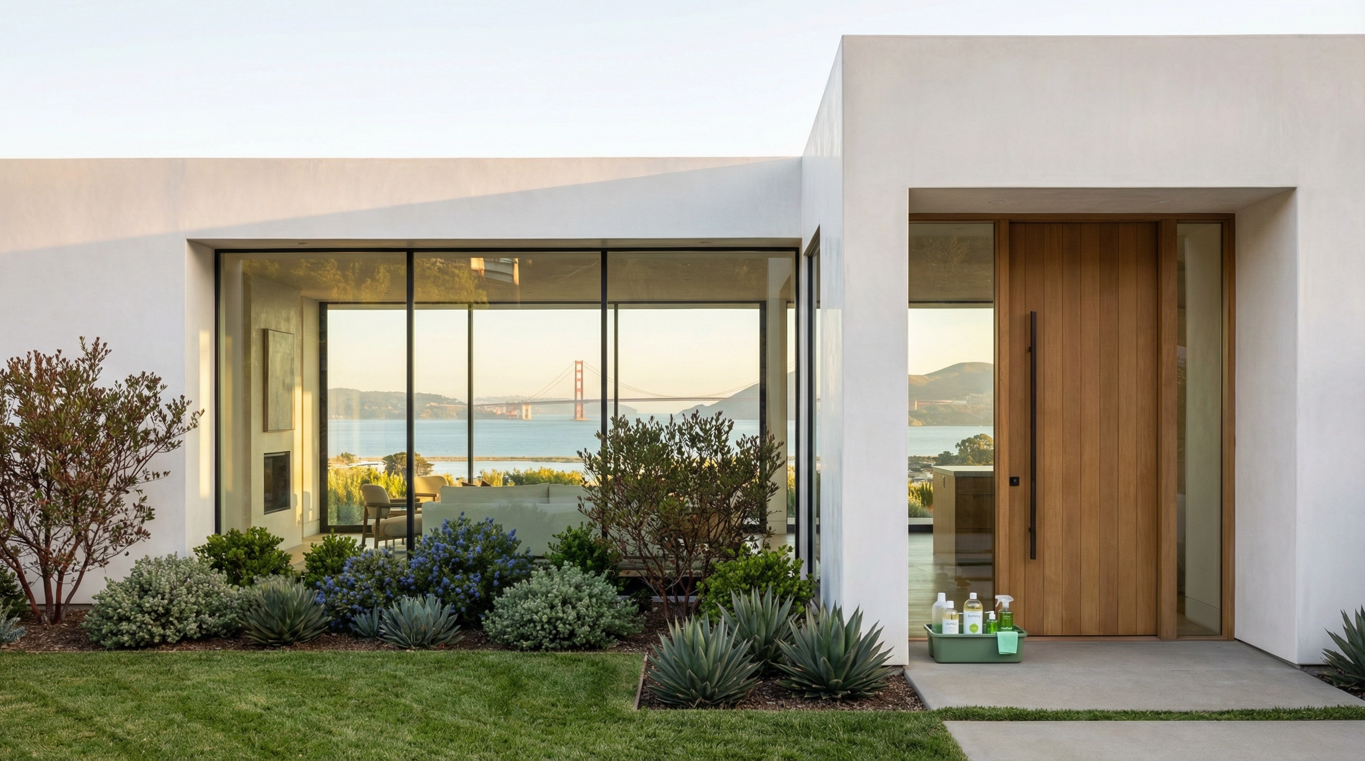 Luxury waterfront home in Tiburon California with panoramic San Francisco Bay and Golden Gate Bridge views — floor-to-ceiling windows, modern Mediterranean architecture, eco-friendly cleaning products at entrance