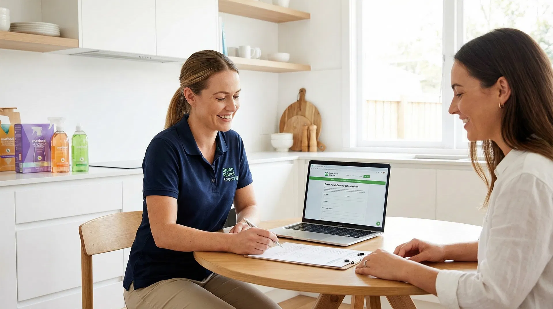 Homeowner reviewing a detailed cleaning estimate on tablet with professional cleaner in background