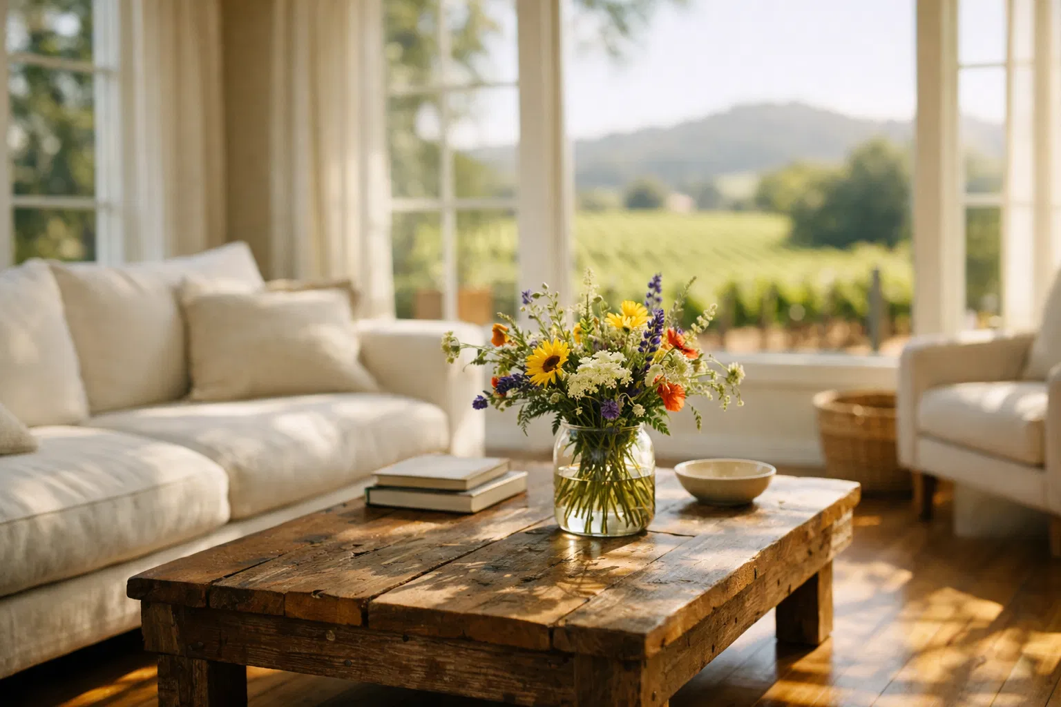 Sunlit Healdsburg living room with vineyard views — deep cleaning result
