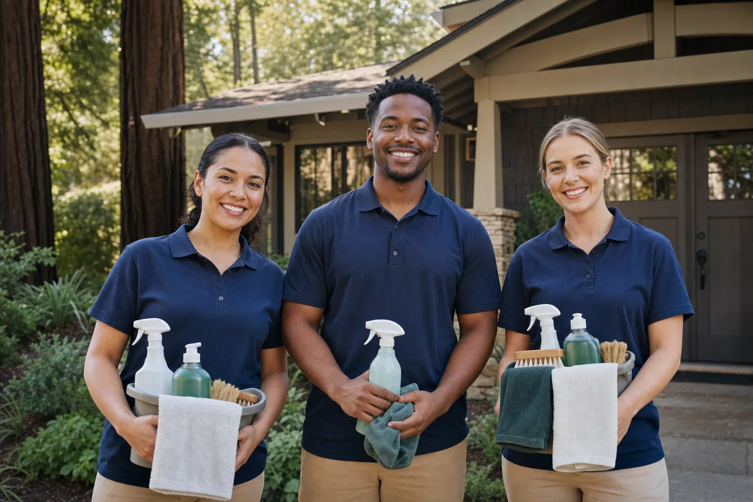 Green Planet Cleaning team in navy polos outside a Marin County home