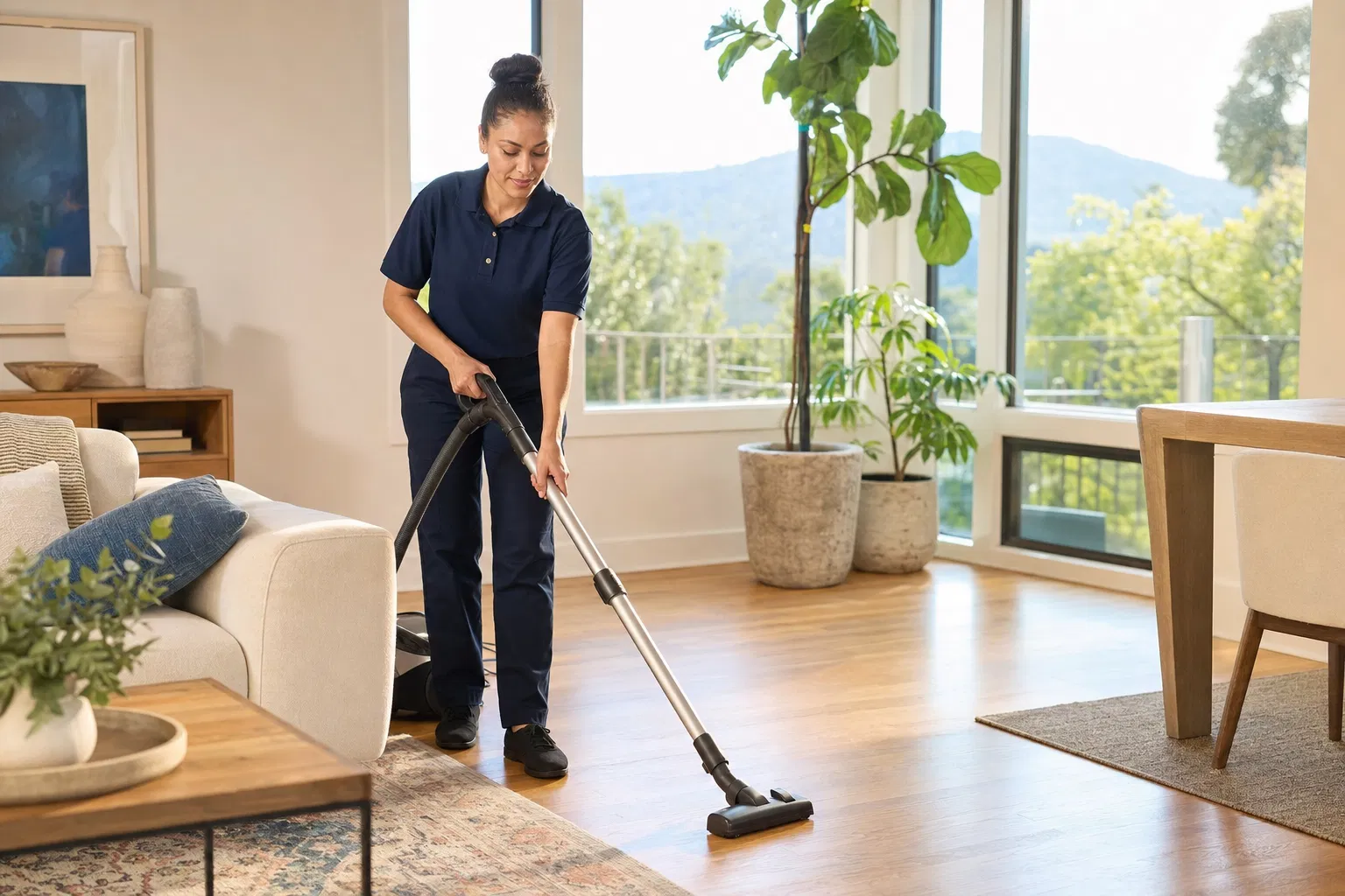 Professional house cleaner vacuuming a bright San Rafael living room