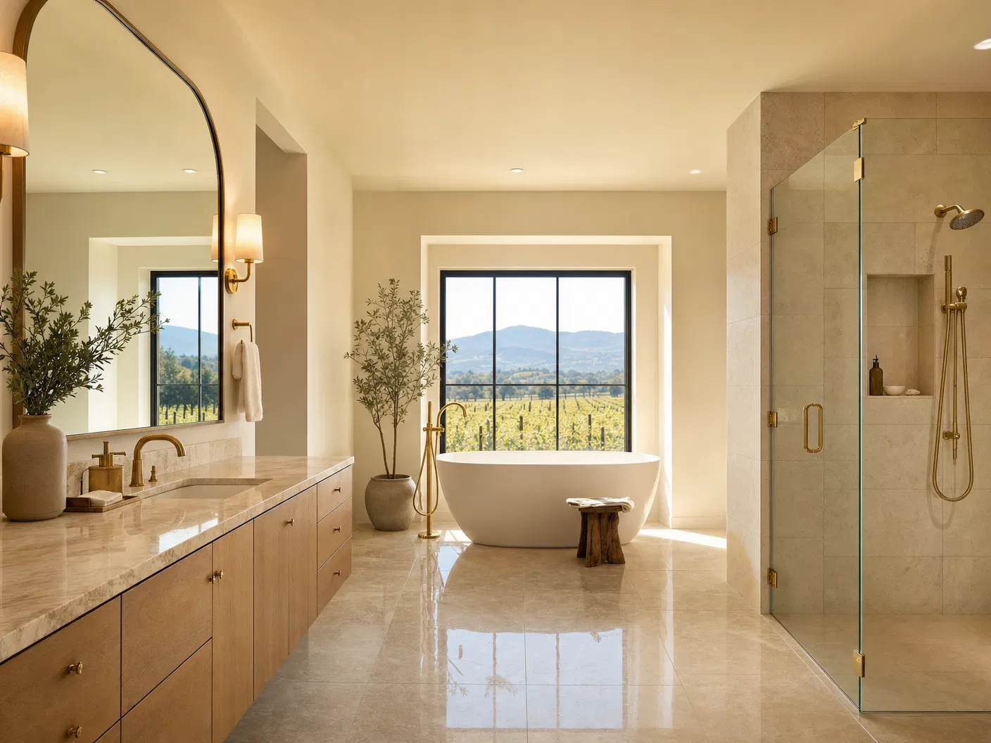 Gleaming post-construction bathroom in a Napa Valley home after professional deep clean — travertine tile, freestanding tub, vineyard view
