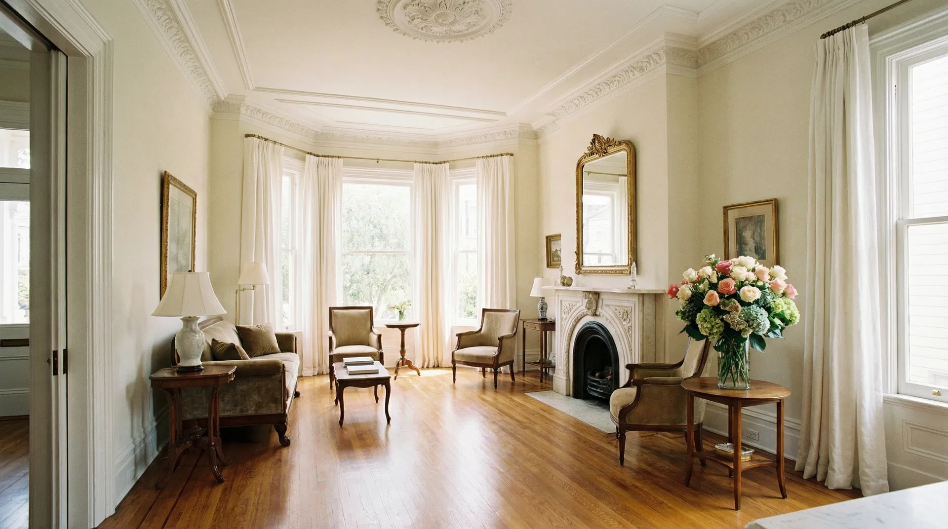 Immaculately clean Victorian living room in Pacific Heights with original hardwood floors, plaster ceiling medallion, marble fireplace, and bay windows