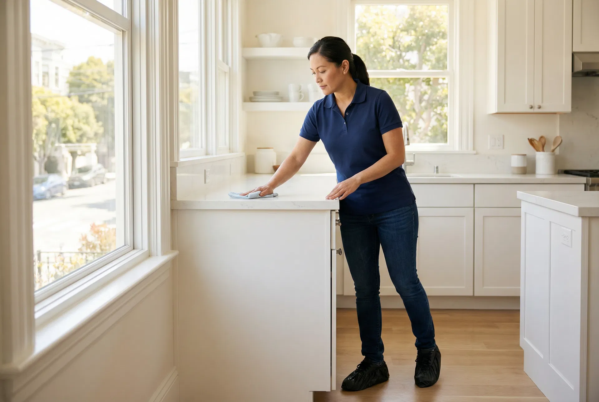 Newly renovated San Francisco kitchen with spotless quartz countertops and polished stainless steel appliances after post-construction cleaning