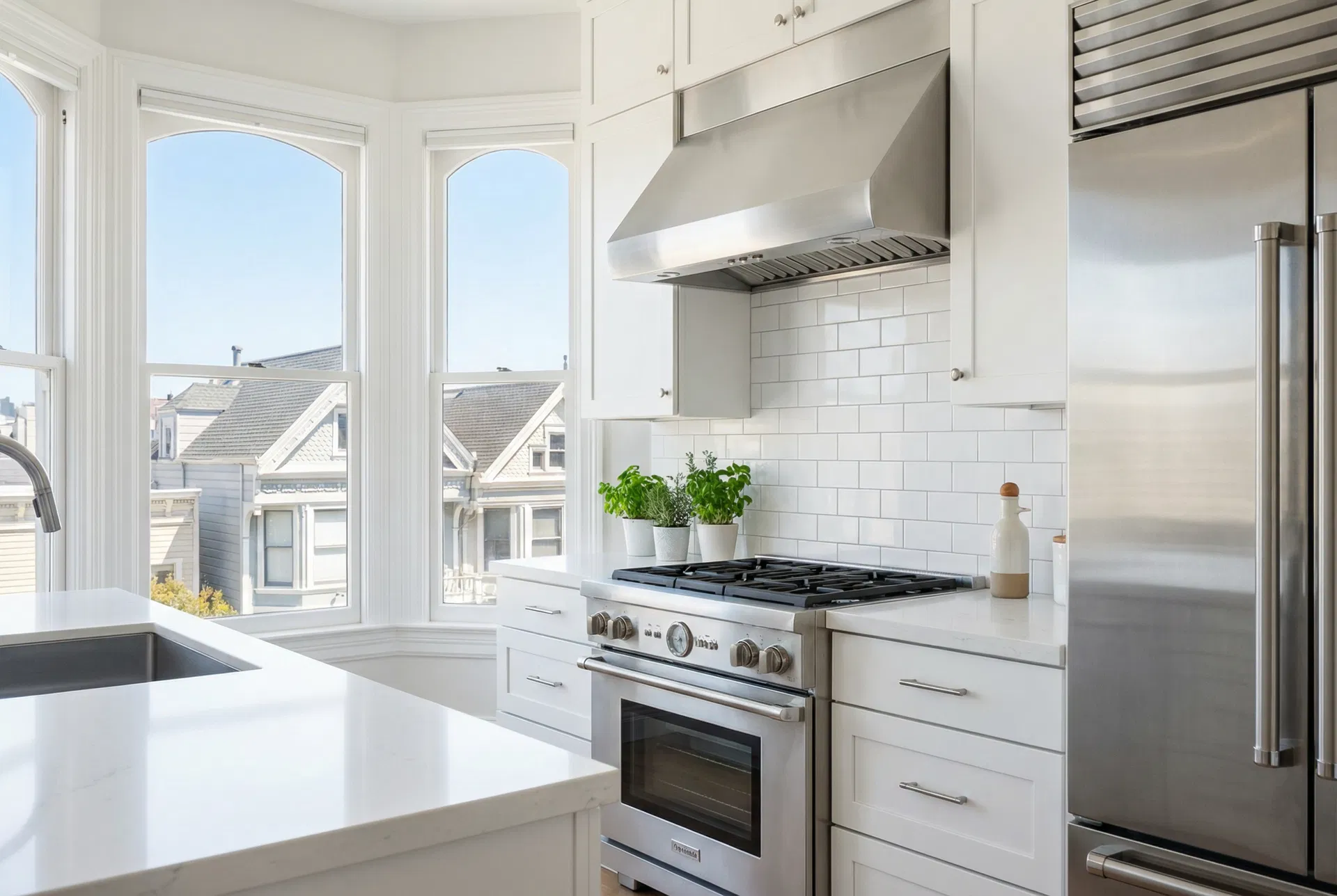 Sparkling clean San Francisco Victorian kitchen after professional eco-friendly cleaning — white quartz countertops, stainless steel appliances, bay windows with Victorian rooftops
