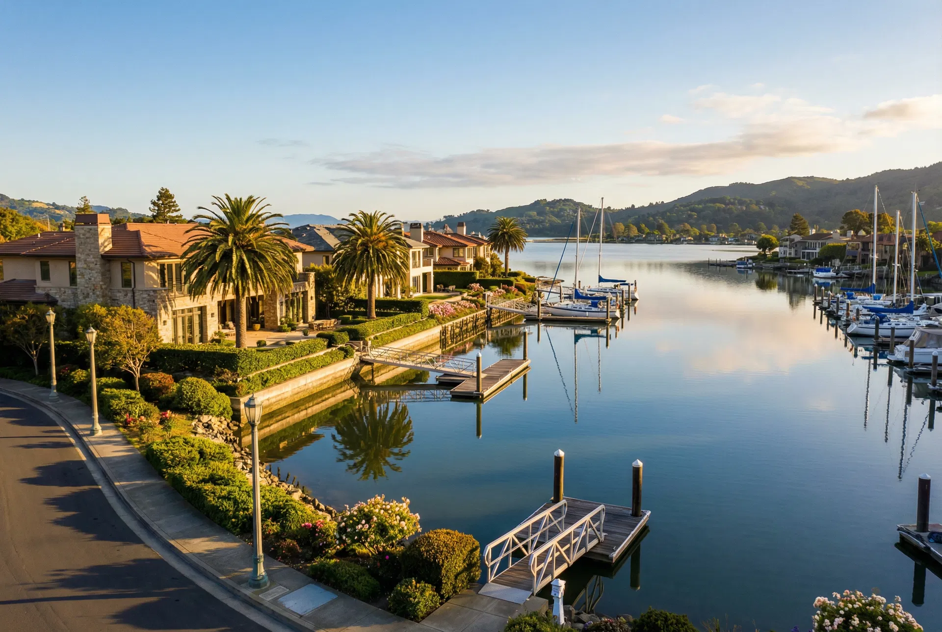 Belvedere Lagoon waterfront homes with private docks and sailboats — house cleaning services Belvedere CA 94920