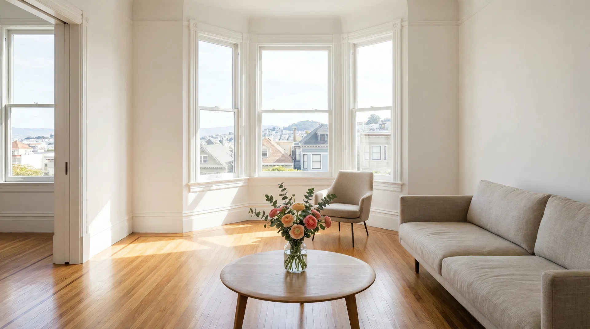 Clean sunlit Victorian living room in Noe Valley San Francisco with bay windows, original hardwood floors, and views of SF rooftops