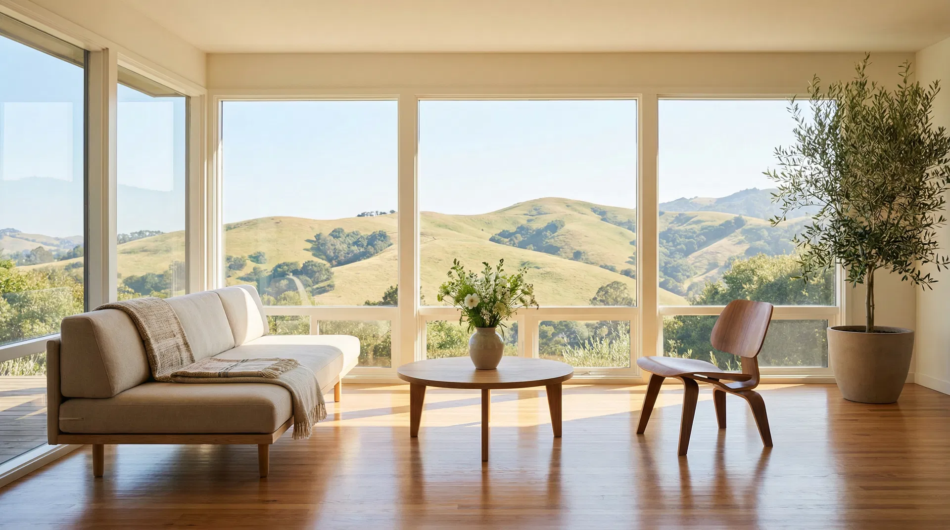 Clean sunlit living room in San Rafael mid-century ranch home with panoramic views of rolling Marin hills through large windows